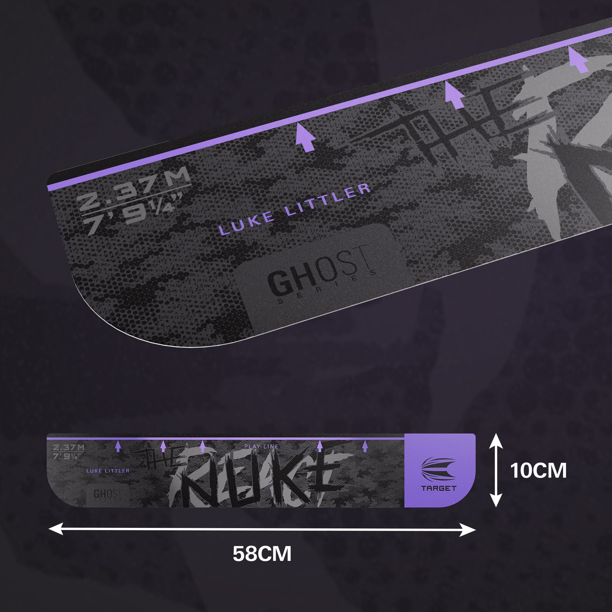 Das Bild zeigt das Produkt 'Target Throw Line Ghost-Series Luke Littler Abwurflinie'. Es handelt sich um eine Abwurflinie für Dartspieler.