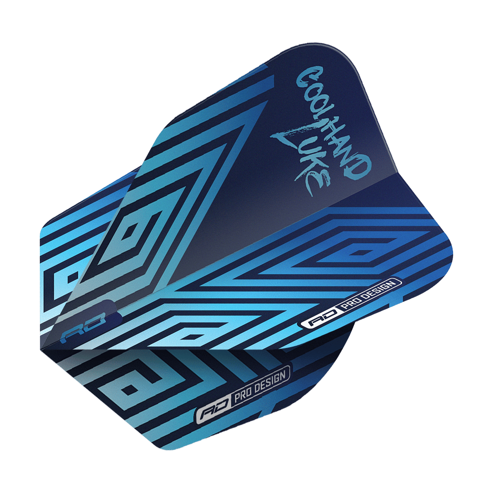 Das Bild zeigt die "Red Dragon Luke Humphries Coolhand Blue No6 Flights". Die Flights sind blau mit geometrischen Mustern und dem Schriftzug "Coolhand Luke" darauf.