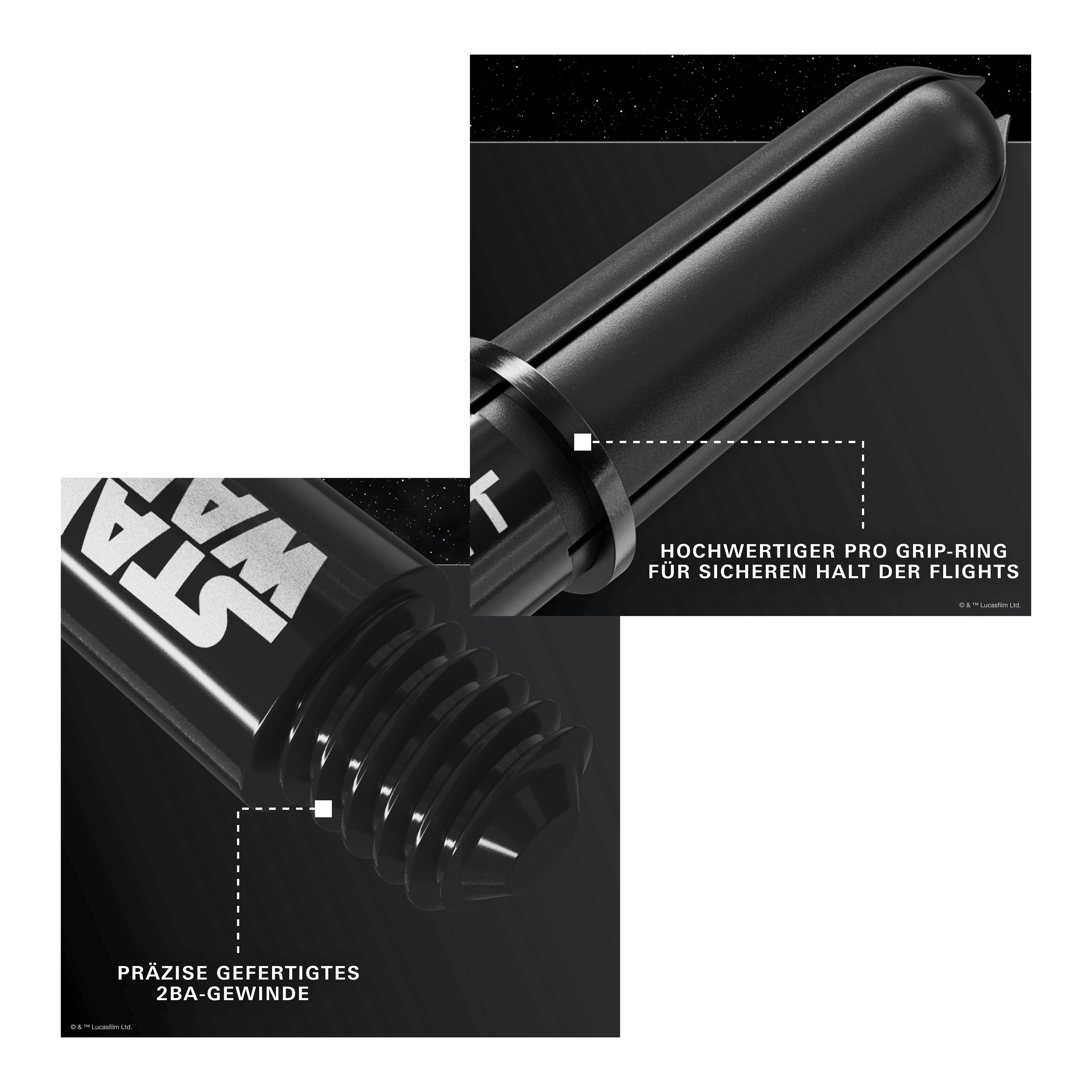 Target Star Wars ProGrip Shafts - Schwarz Target Star Wars ProGrip Shafts in Schwarz sind auf dem Bild zu sehen. Diese Schäfte richten sich an Dart- und Star Wars Liebhaber.