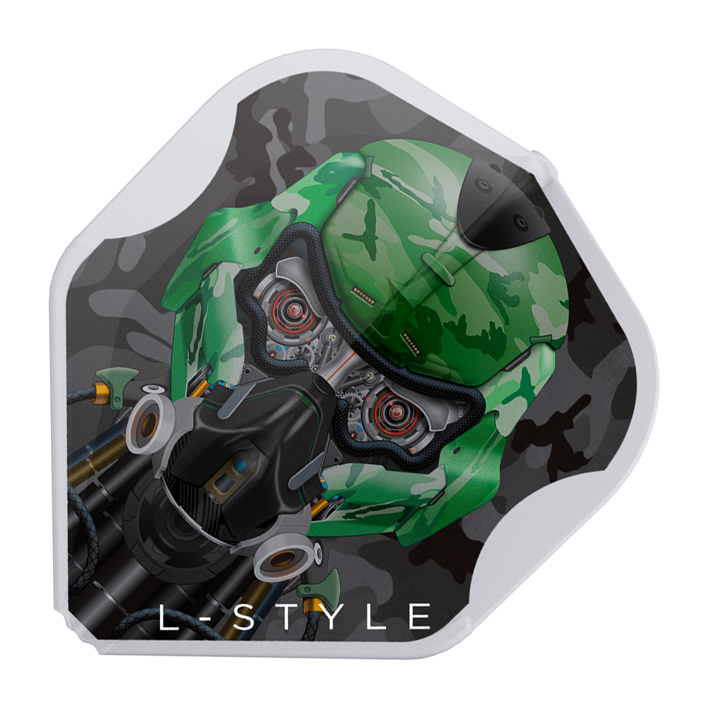 Das Bild zeigt ein Dartflight mit einem futuristischen Helm-Design in grüner Tarnoptik. Am unteren Rand steht der Schriftzug "L-Style".