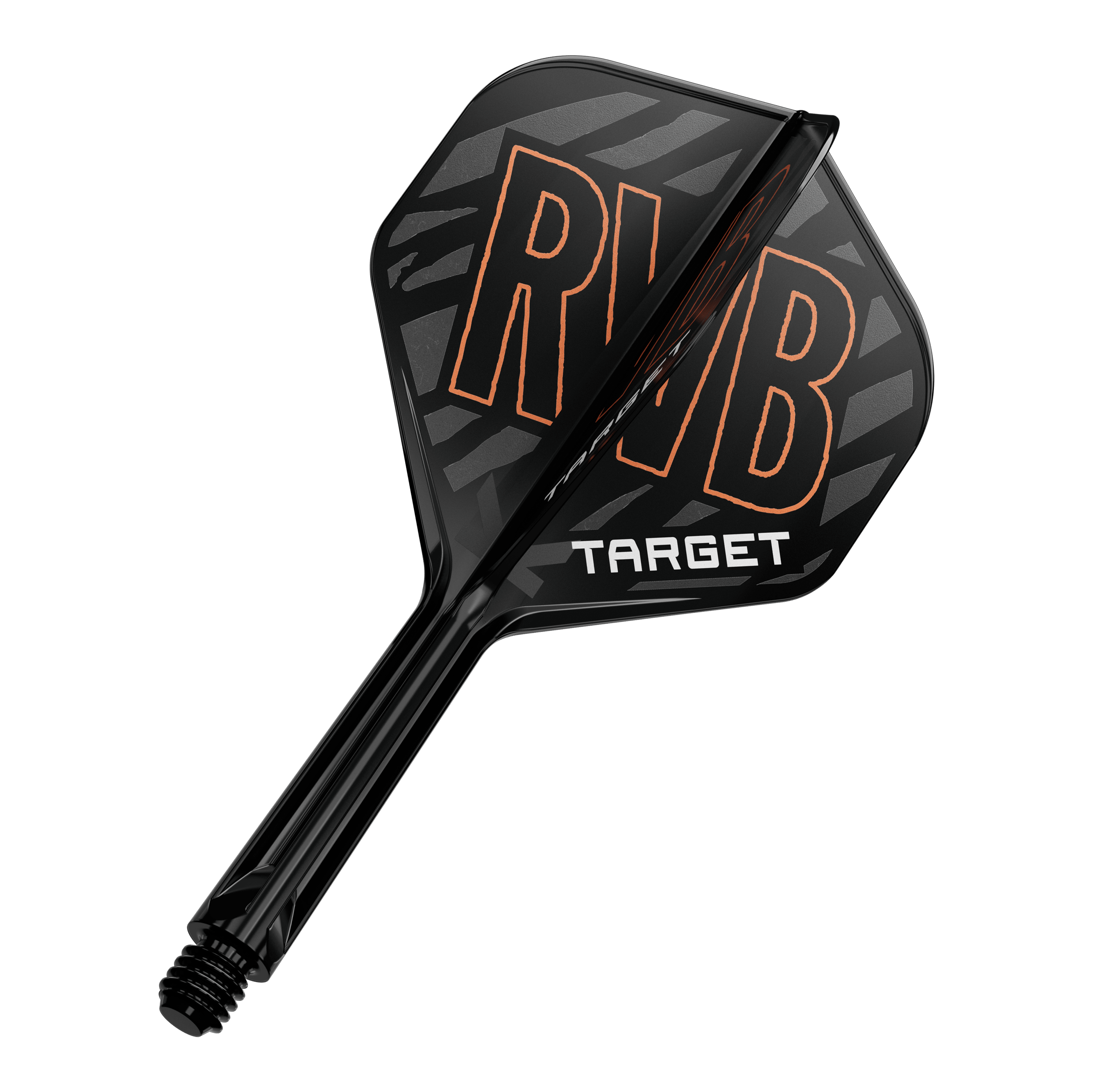 Target K-Flex Raymond Van Barneveld No2 Standard Flight-Shaft-System Das Bild zeigt ein schwarzes Dart Flight-Schaft-System mit den Buchstaben „RVB“ in orange. Darunter steht das Wort „TARGET“ in weißen Buchstaben.