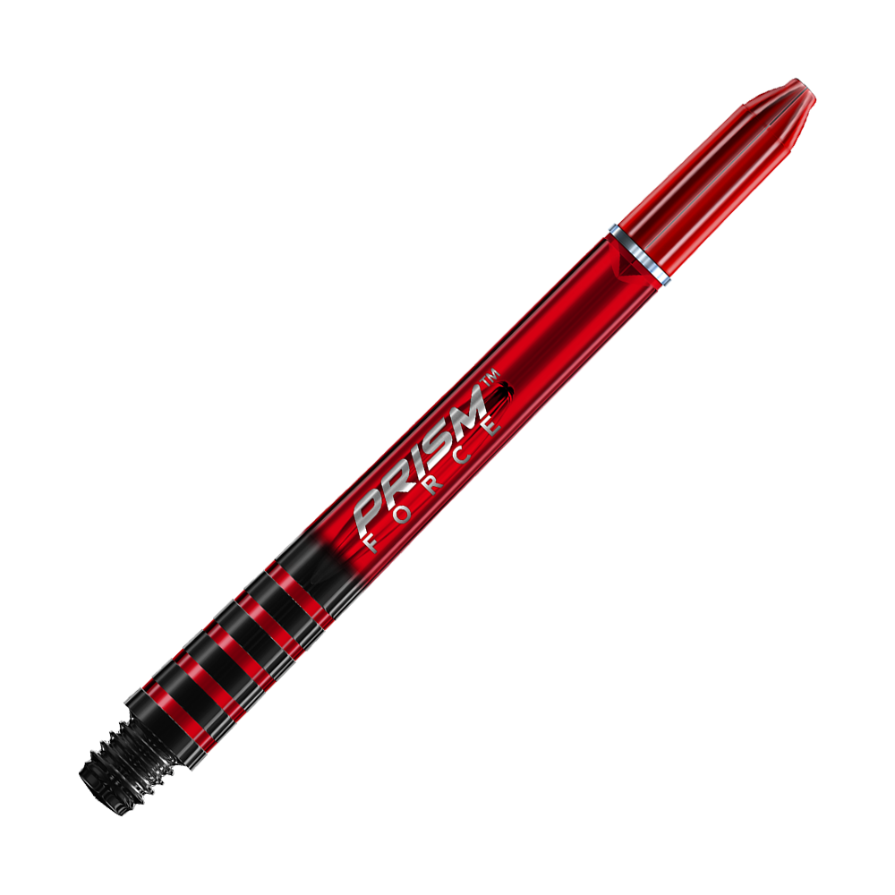 Dies ist ein roter Dartshaft mit schwarzem und silbernem Akzent. Auf dem Schaft steht der Text "PRISM FORCE".