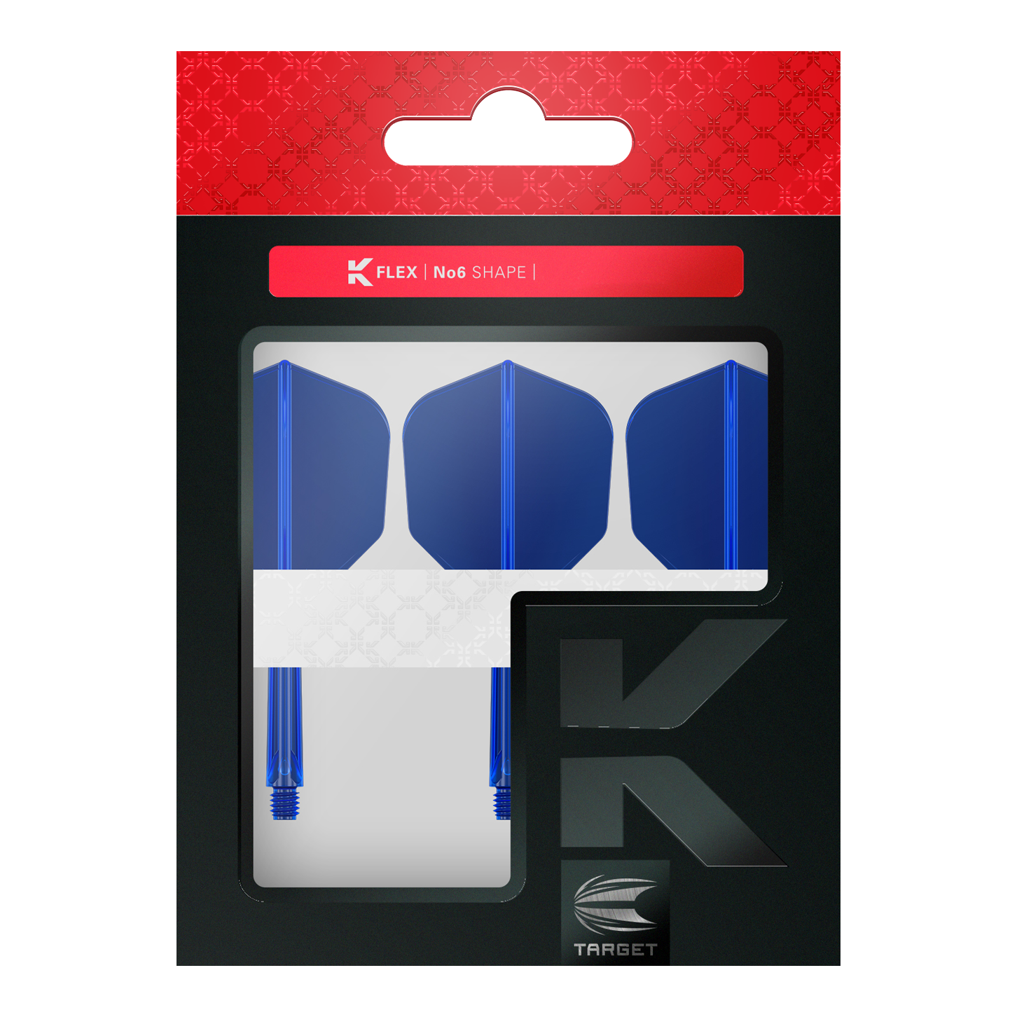 Das Bild zeigt eine Verpackung mit drei blauen Dart-Flights und Shafts. Oben auf der Verpackung steht "K FLEX | No6 SHAPE" und unten ist das Target-Logo zu sehen.