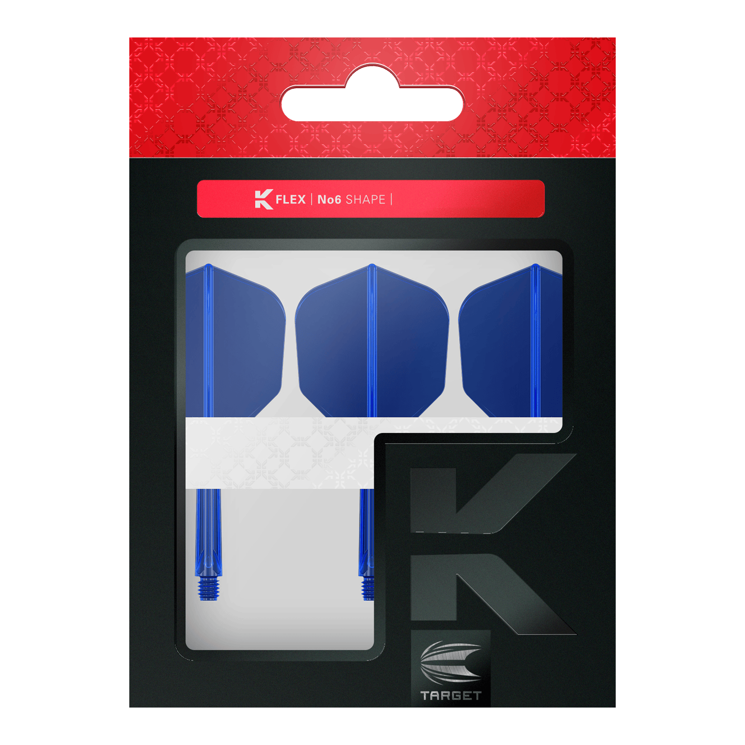 Target K-Flex No6 Flight-System - Blau Das Bild zeigt eine Verpackung mit drei blauen Dart-Flights und Shafts. Oben auf der Verpackung steht "K FLEX | No6 SHAPE" und unten ist das Target-Logo zu sehen.