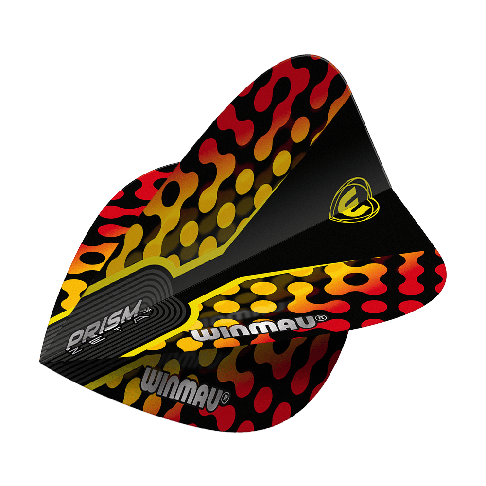 Das Bild zeigt ein Dart-Flight mit dem Produktnamen "Winmau Zeta Black Yellow Red Kite Flights". Das Flight ist schwarz mit gelben und roten Mustern sowie weißen Winmau-Aufdrucken gestaltet.