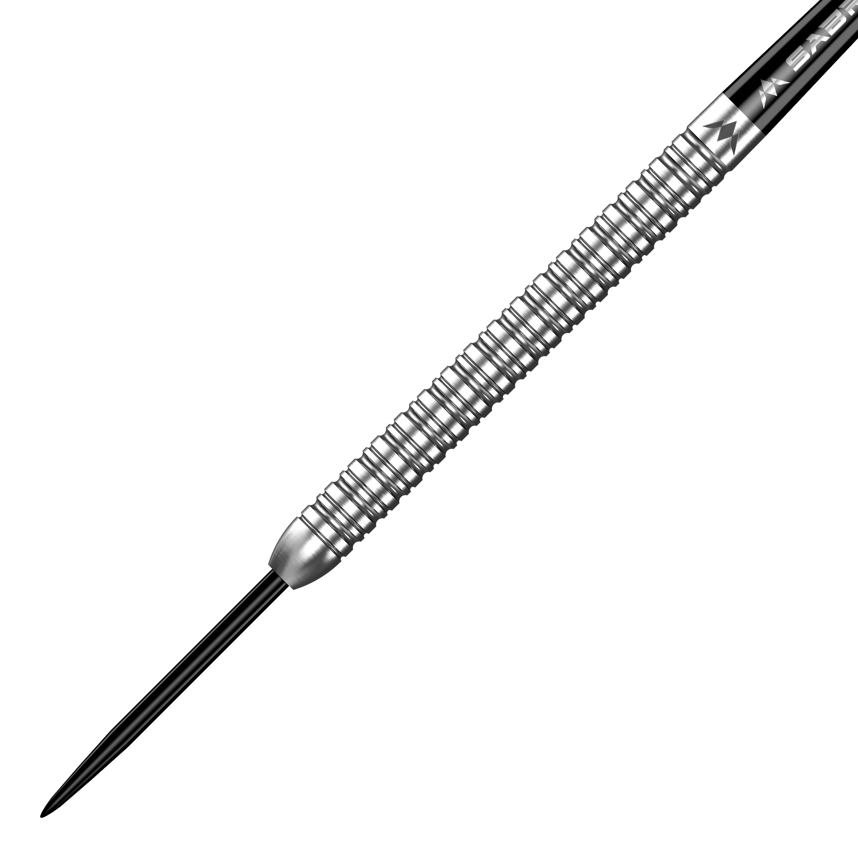 Das Bild zeigt einen silbernen Steeldart mit gerilltem Griff. Es handelt sich um das Produkt "Mission Mike De Decker MDD Silver Steeldarts".