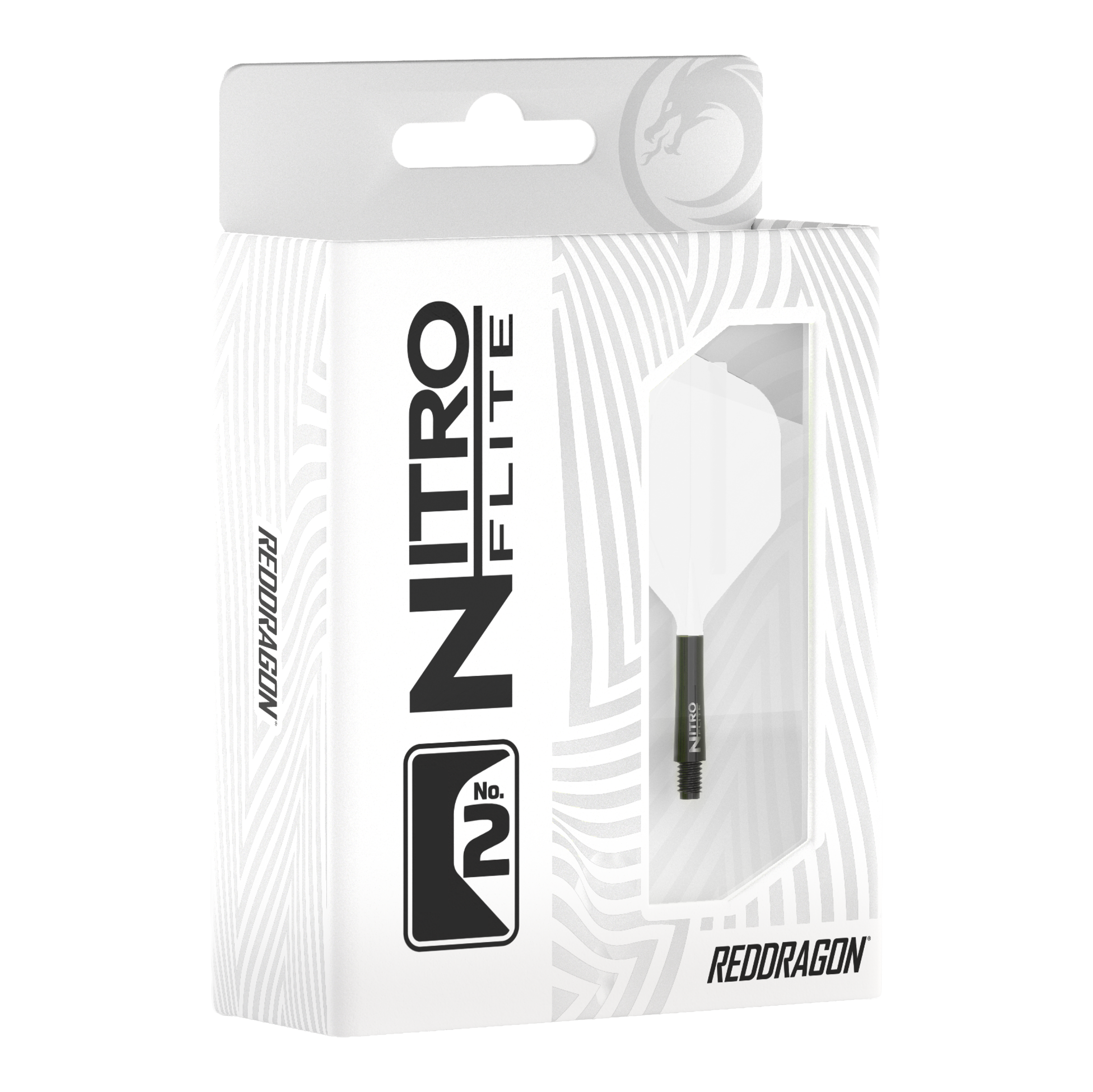 Red Dragon Nitro Flite Solid White and Black Short Abgebildet ist Red Dragon Nitroflite Black Shaft White Flights No2. Zu sehen sind schwarze Dart-Schäfte mit weißen Flights.