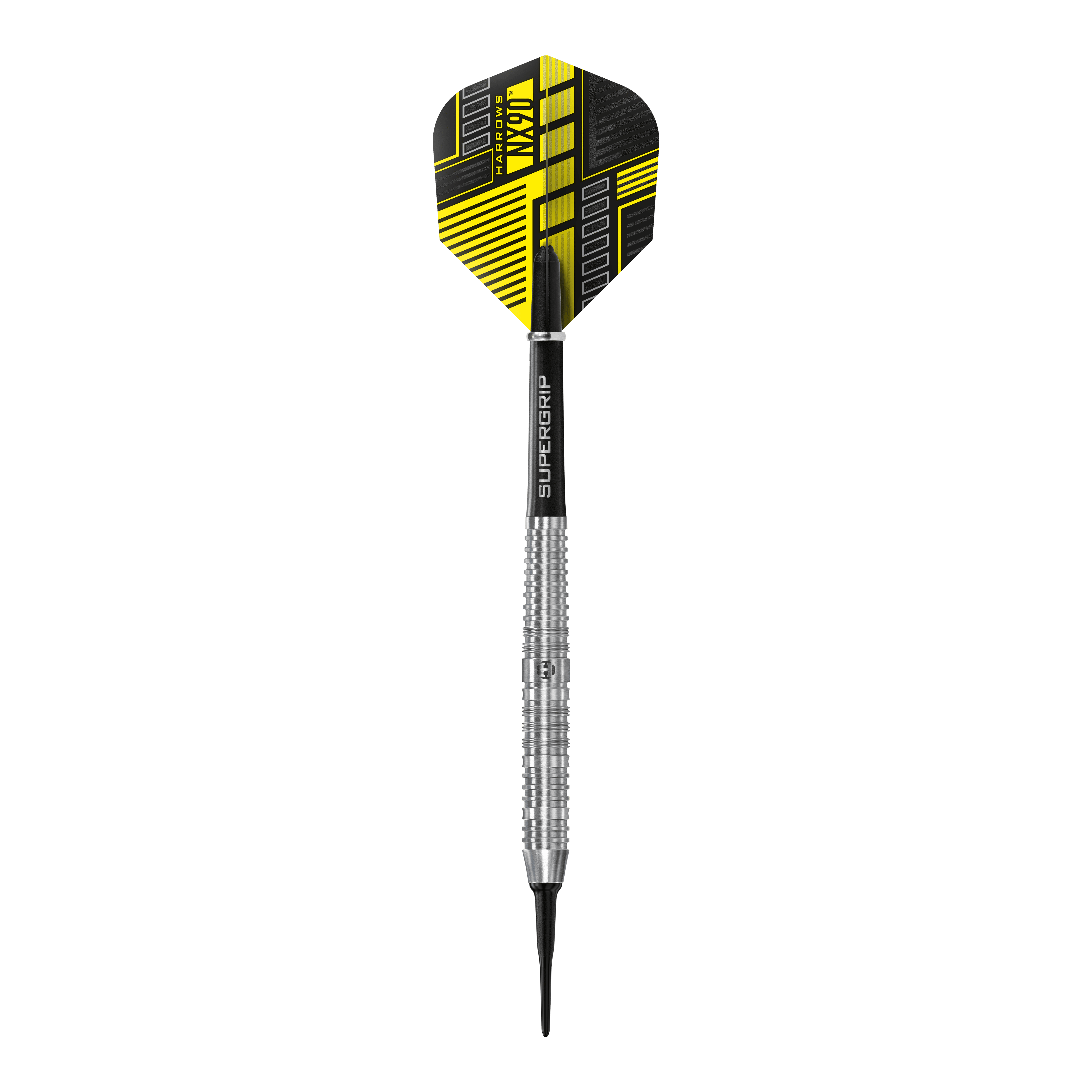 Das Bild zeigt einen Harrows NX90 Parallel Softdart mit silbernem Schaft und schwarzem Flight. Der Flight hat ein modernes gelb-schwarzes Design.