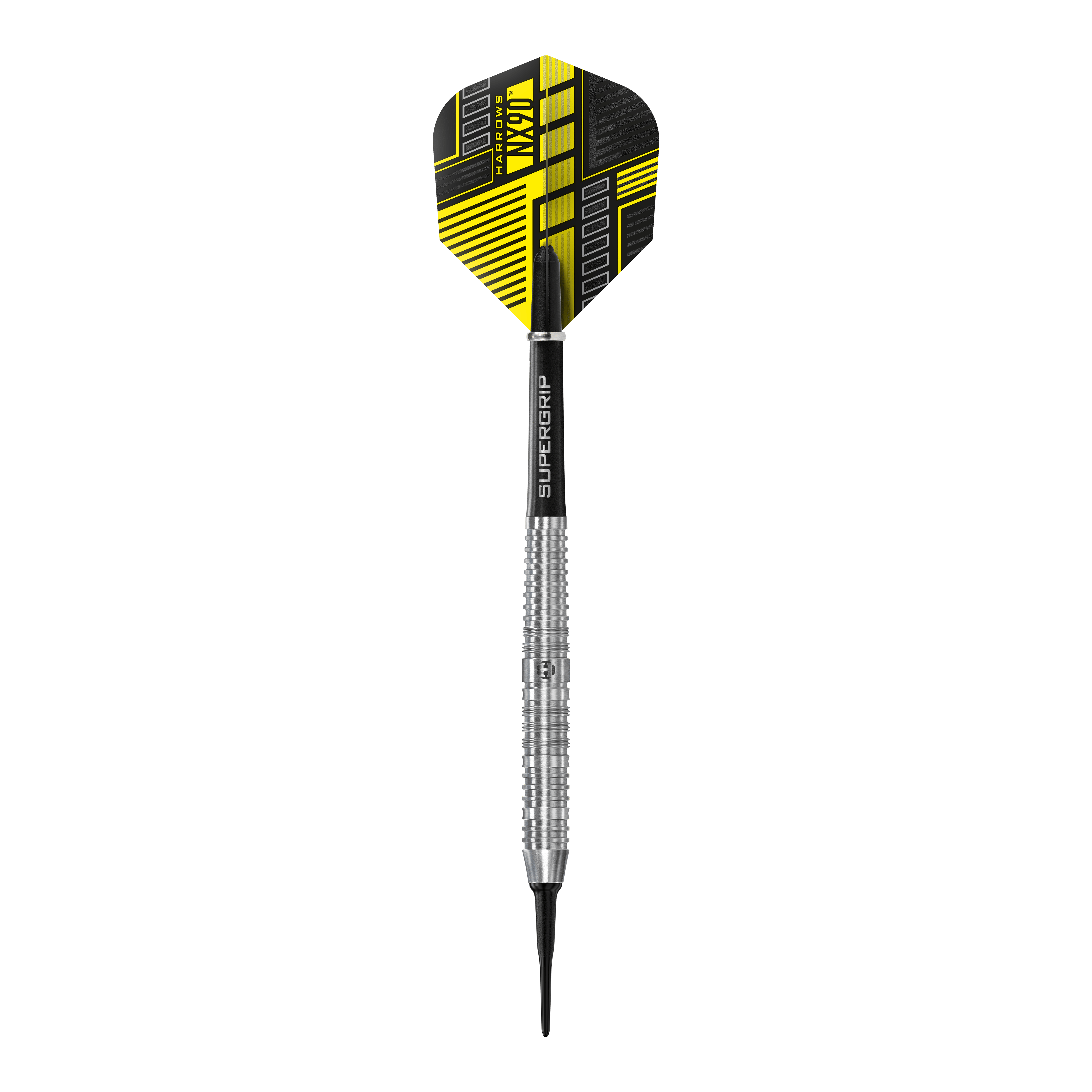 Harrows NX90 Parallel Softdarts Das Bild zeigt einen Harrows NX90 Parallel Softdart mit silbernem Schaft und schwarzem Flight. Der Flight hat ein modernes gelb-schwarzes Design.