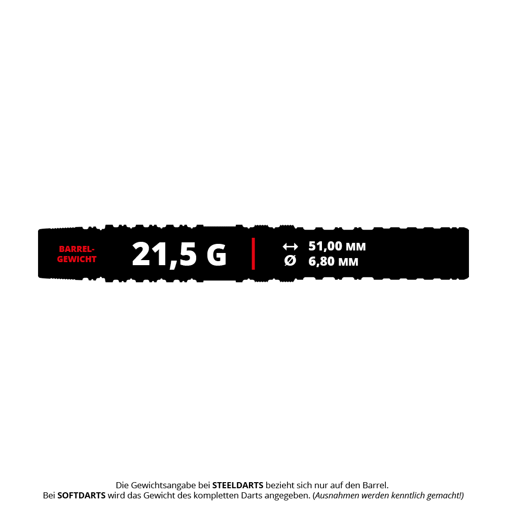 Das Bild zeigt die Produktdetails der "Target Japan Prime Series Yuta Hayashi Sirius GEN3 MAX Softdarts - 21,5g". Angegeben sind das Barrelgewicht von 21,5 g, eine Länge von 51,00 mm und ein Durchmesser von 6,80 mm.