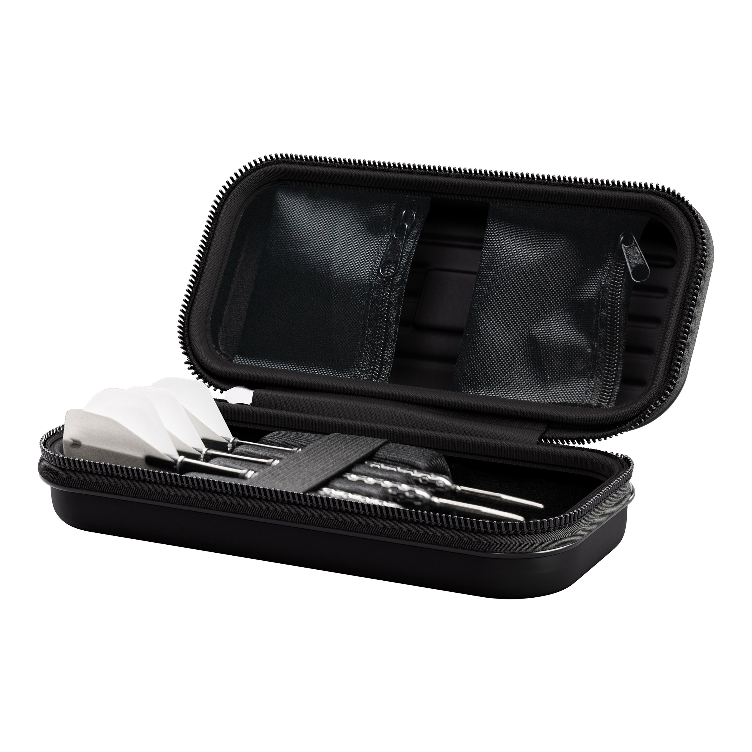 Target Takoma Stephen Bunting Dartcase Das Bild zeigt das Produkt "Target Takoma Stephen Bunting Dartcase". In dem geöffneten Etui befinden sich drei zusammengebaute Darts und kleine Netztaschen im Deckel.