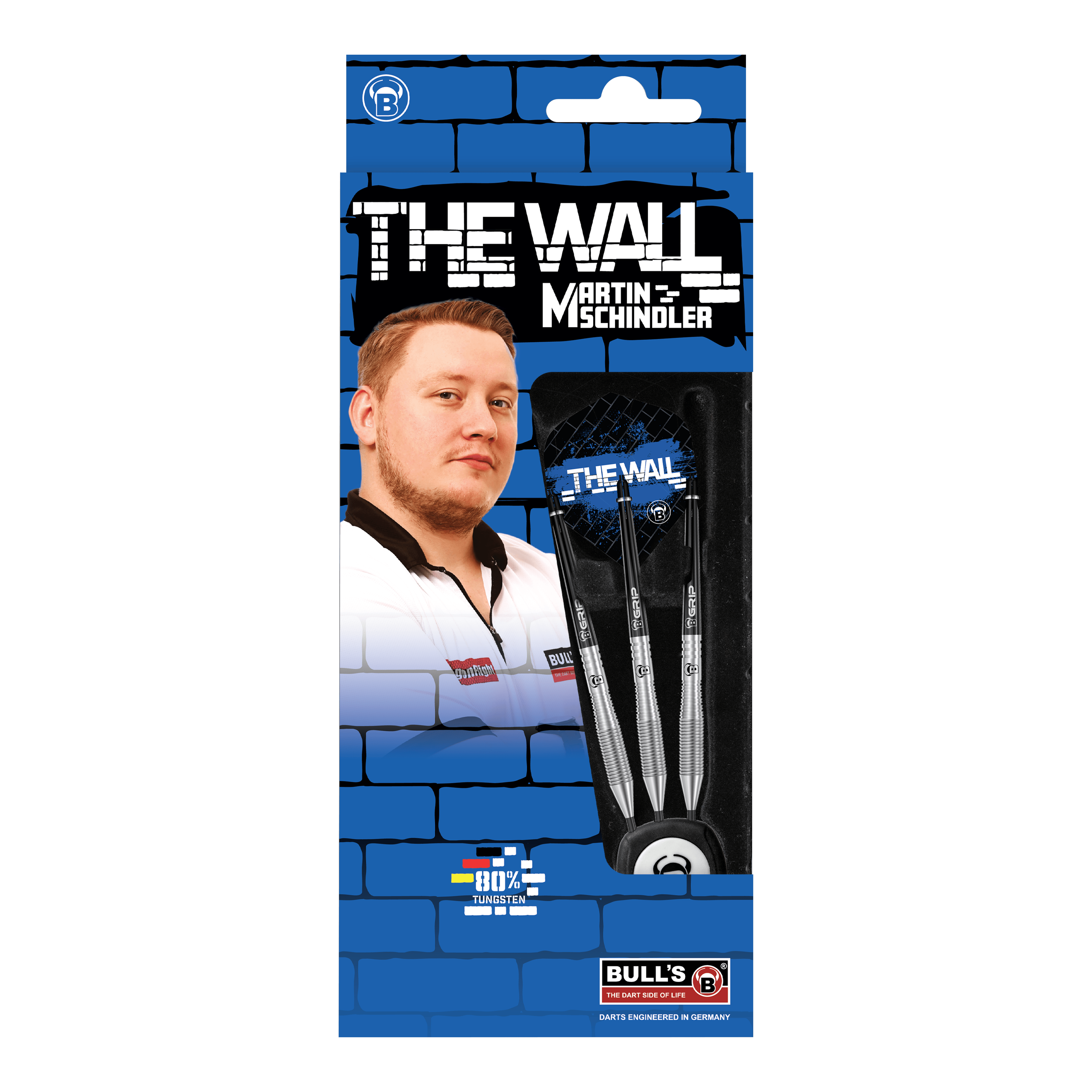 Bulls Martin Schindler TW80 Steeldarts Die Verpackung zeigt die "Bulls Martin Schindler TW80 Steeldarts" mit einem Bild von Martin Schindler. Im Inneren sind drei silberne Steeldarts zu sehen.