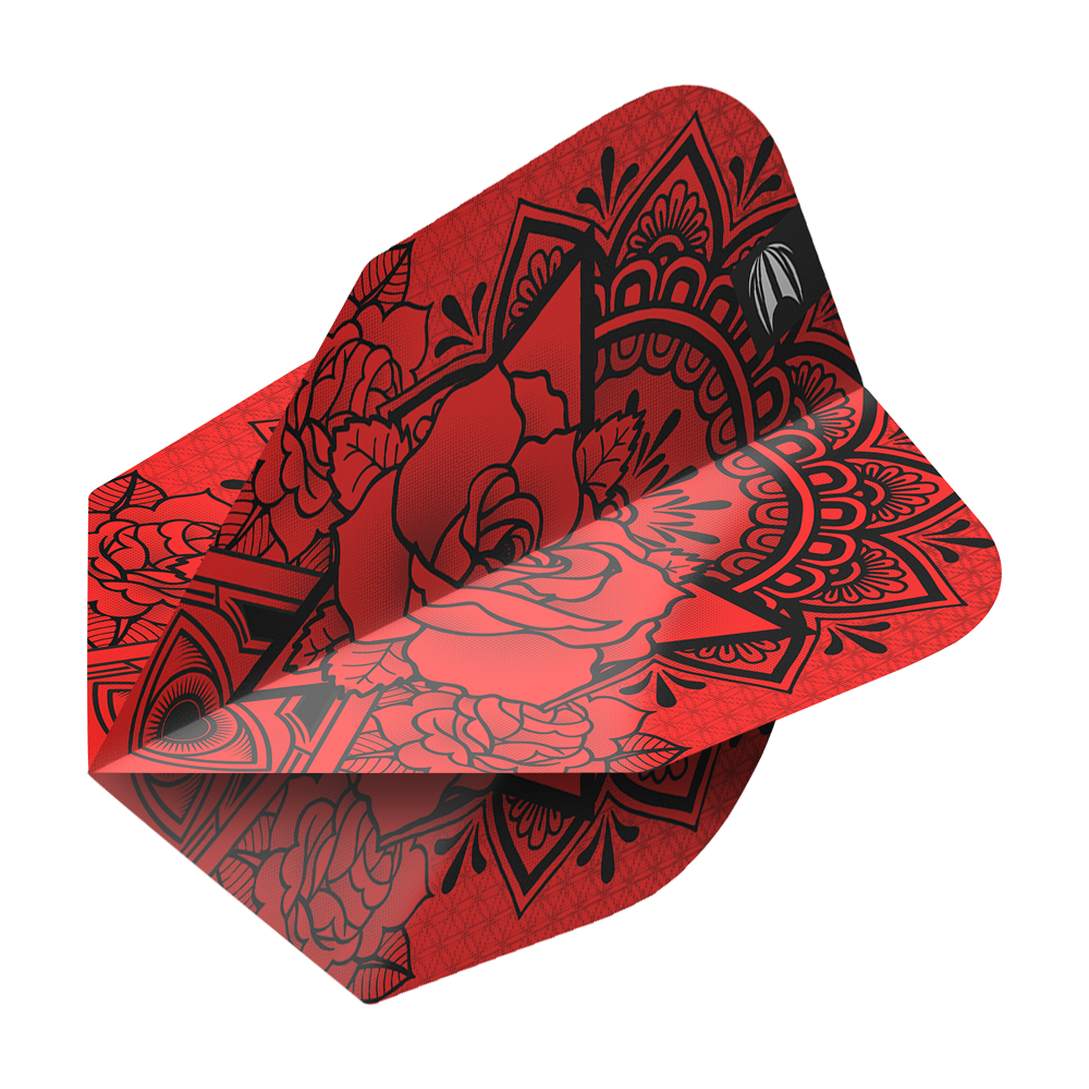 TG482_335420_Target_ProUltra_Ink_Red_No6_Flights_2 Das Bild zeigt die Target ProUltra Ink Red No6 Flights. Sie sind rot mit einem auffälligen schwarzen Blumen- und Mustermotiv gestaltet.