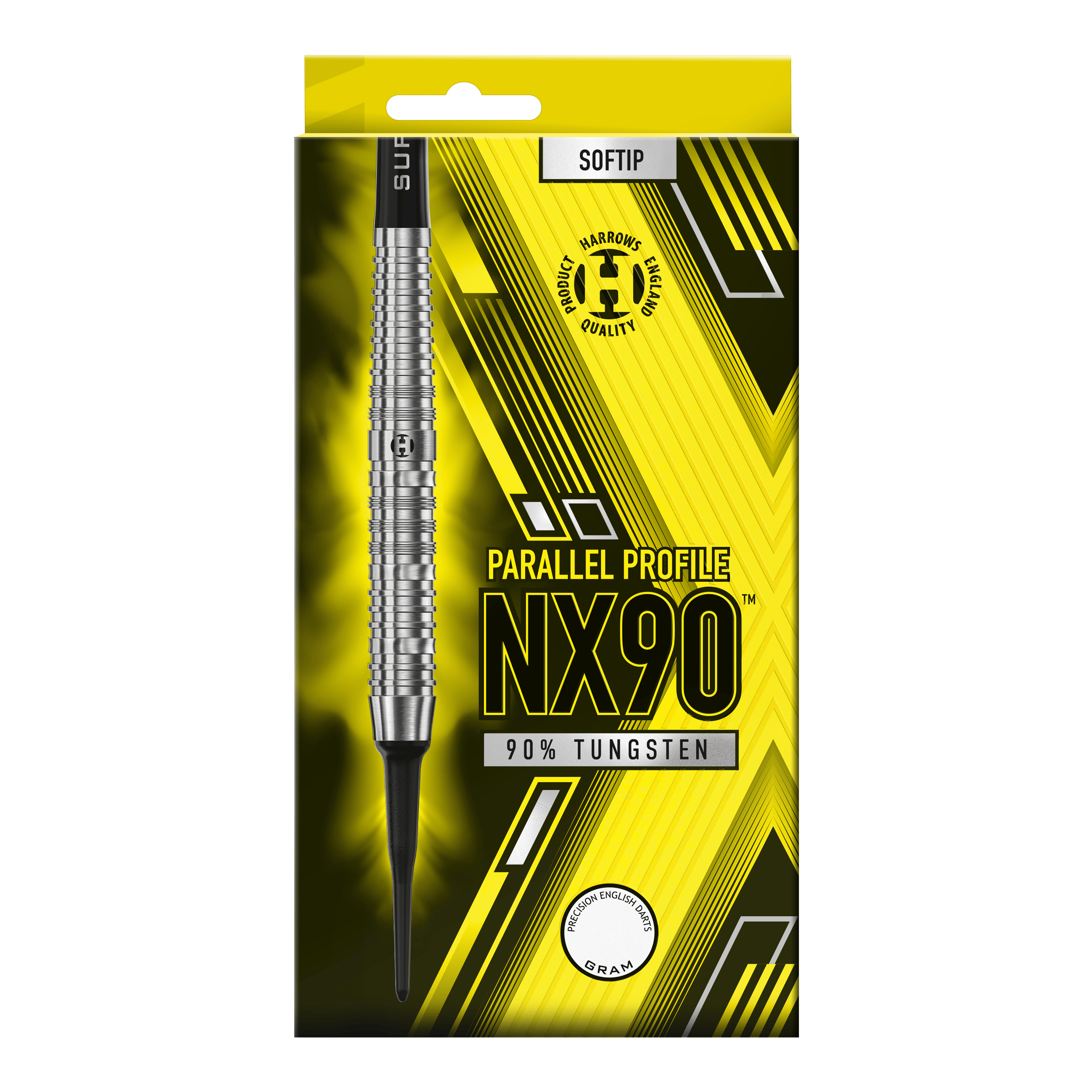 Harrows NX90 Parallel Softdarts Die Abbildung zeigt die Verpackung der Harrows NX90 Parallel Softdarts. Auf der gelb-schwarzen Packung steht, dass die Darts aus 90 % Tungsten bestehen.