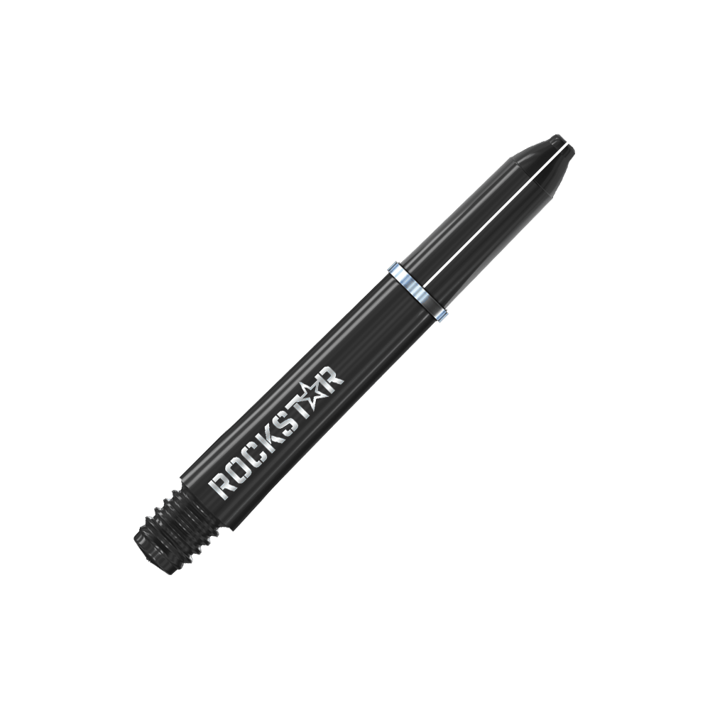 Winmau Joe Cullen Rockstar Nylon Shafts Schwarz Auf dem Bild ist ein schwarzer Dart-Schaft mit der Aufschrift "ROCKSTAR" zu sehen. Der Schaft hat einen silbernen Ring in der Mitte.