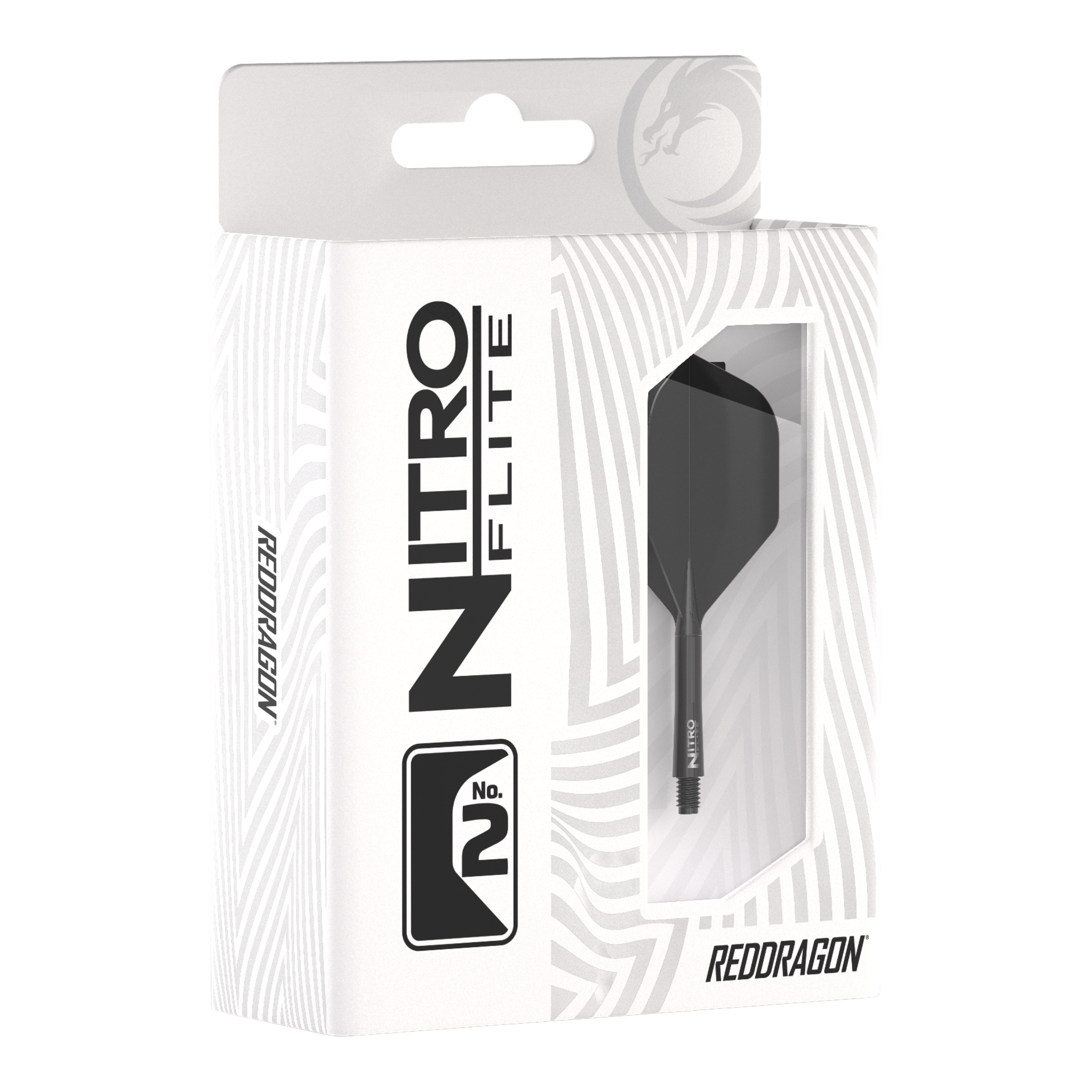 Die Verpackung zeigt das Produkt "Red Dragon Nitroflite - Black Shaft Black No2 Flights". Im Sichtfenster ist ein schwarzer Dart-Schaft mit schwarzem Flight zu sehen.