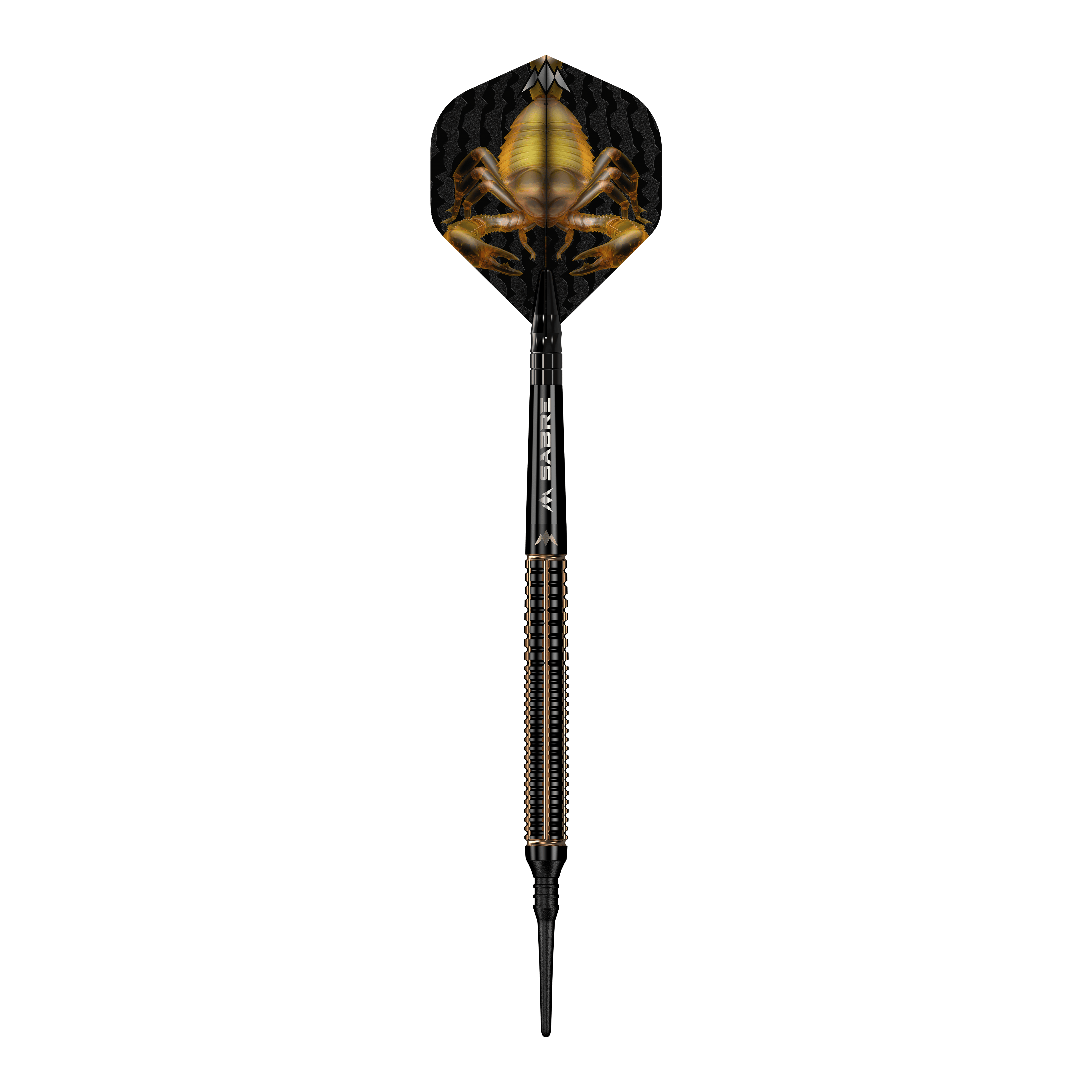 Das Bild zeigt einen Softdart namens "Mission Scorpion Softdarts - 19g". Auf dem Flight ist ein auffälliges Skorpion-Design in Gelb und Schwarz zu sehen.