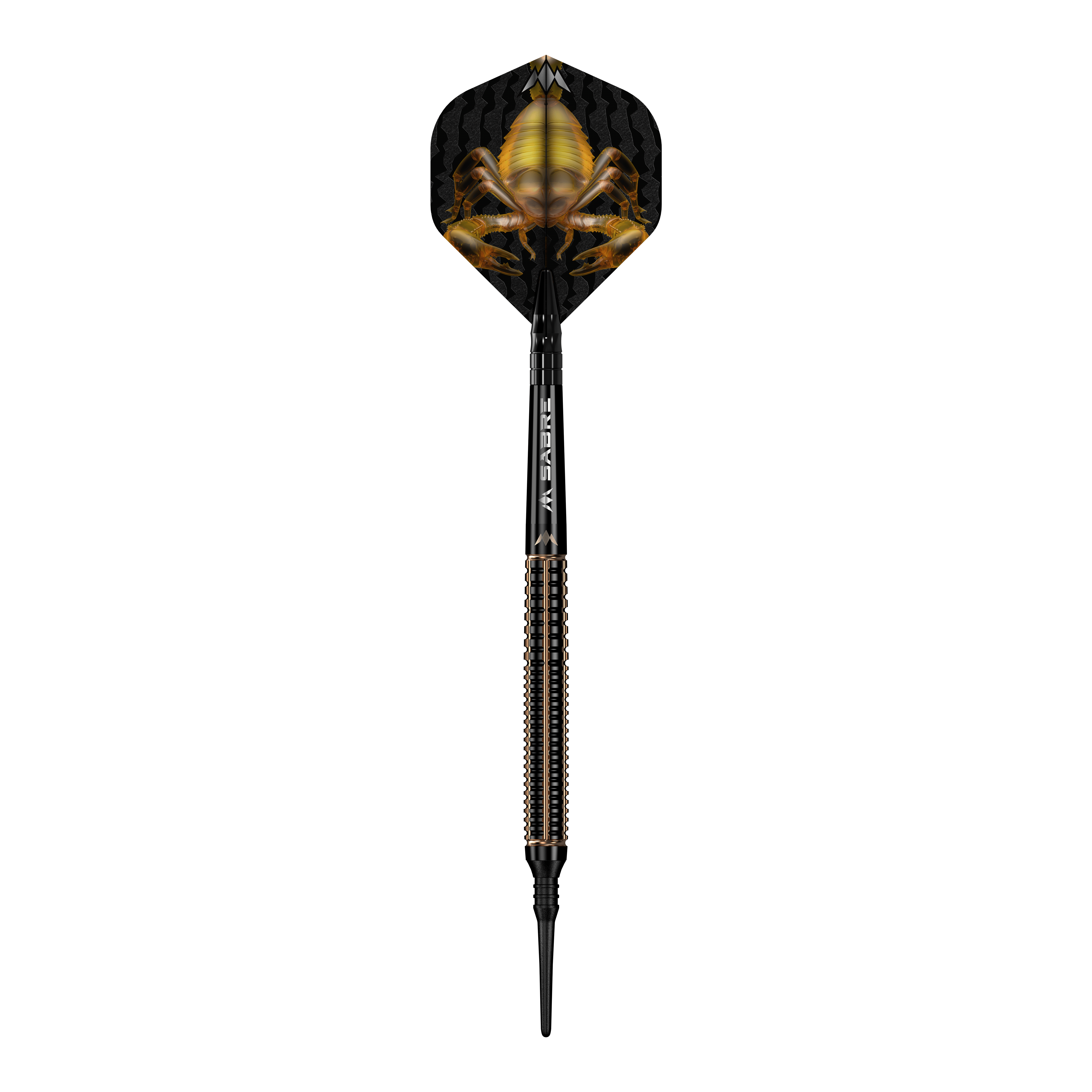 Mission Scorpion Softdarts - 19g Das Bild zeigt einen Softdart namens "Mission Scorpion Softdarts - 19g". Auf dem Flight ist ein auffälliges Skorpion-Design in Gelb und Schwarz zu sehen.