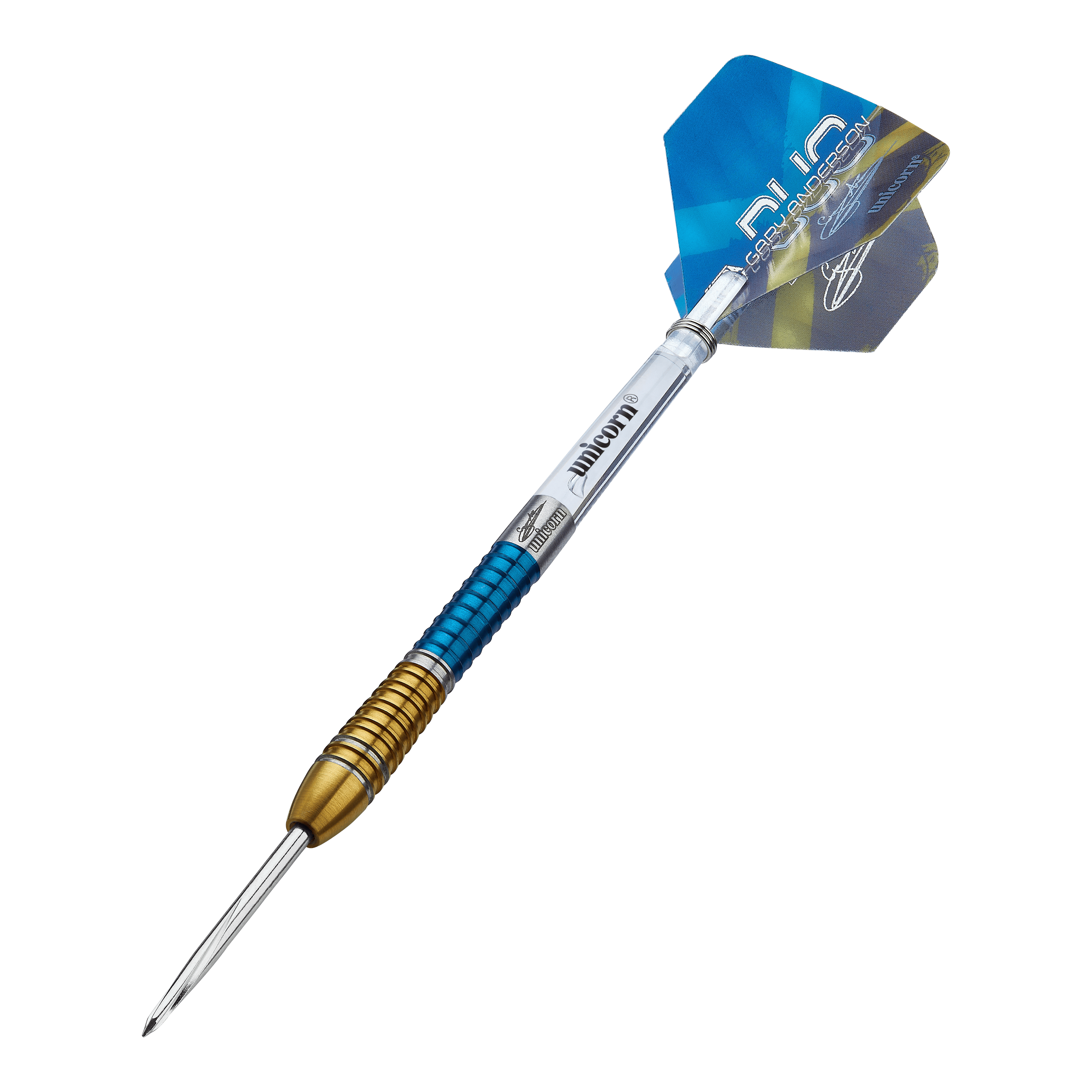 Auf dem Bild ist ein Unicorn Gary Anderson Duo Phase 6 Steeldart zu sehen. Der Dart hat ein farbiges Design mit goldenen und blauen Akzenten sowie einer blauen Flightscheibe.