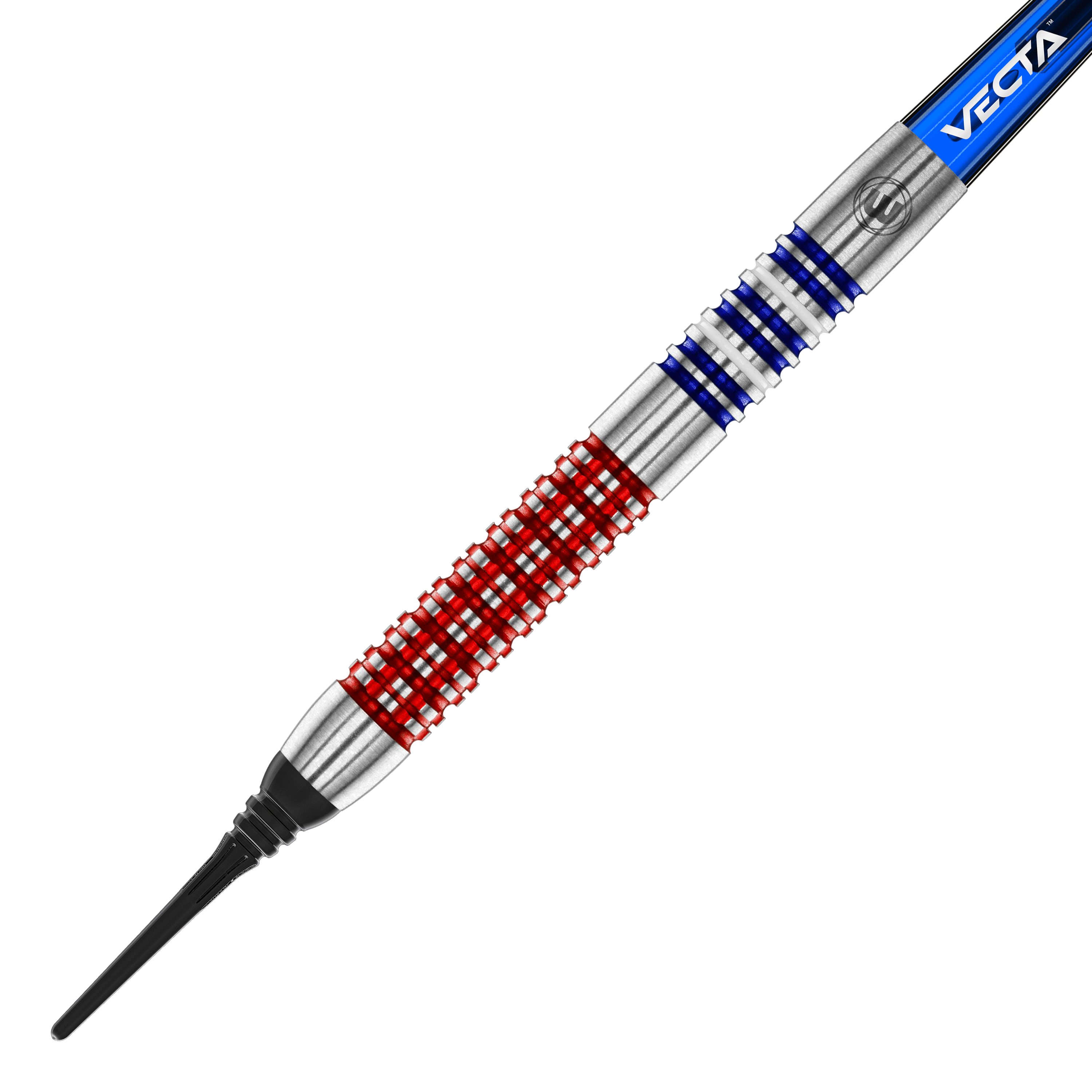 Winmau Garrett Rakowski Softdarts - 20g Auf dem Bild ist ein Softdart des Modells "Winmau Garrett Rakowski Softdarts - 20g" zu sehen. Der Dart hat ein auffälliges Design mit roten und blauen Ringen auf dem silbernen Barrel.