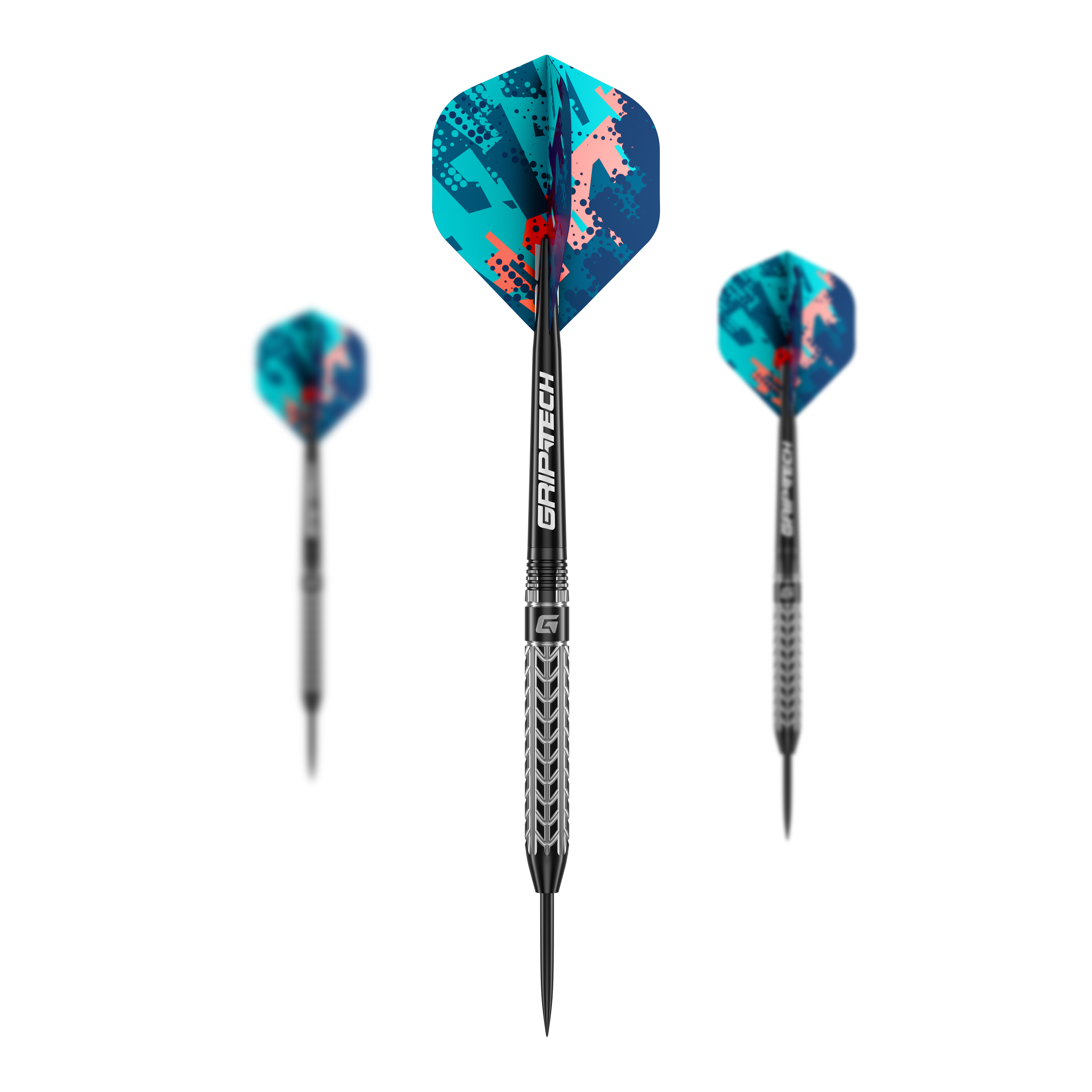 GOAT Traction Tungsten Steeldarts Das Bild zeigt drei GOAT Traction Tungsten Steeldarts mit bunten Flights in Blau- und Rottönen. Auf dem Mittelteil der Darts steht "GRIPTECH" geschrieben.