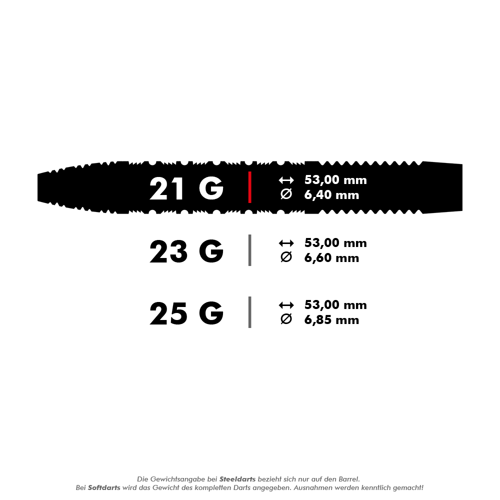 Das Bild zeigt die Produktinformationen für die "Target Bolide 01 Swiss Point Steeldarts". Die Darts wiegen 21 Gramm und haben eine Länge von 53,00 mm sowie einen Durchmesser von 6,40 mm.