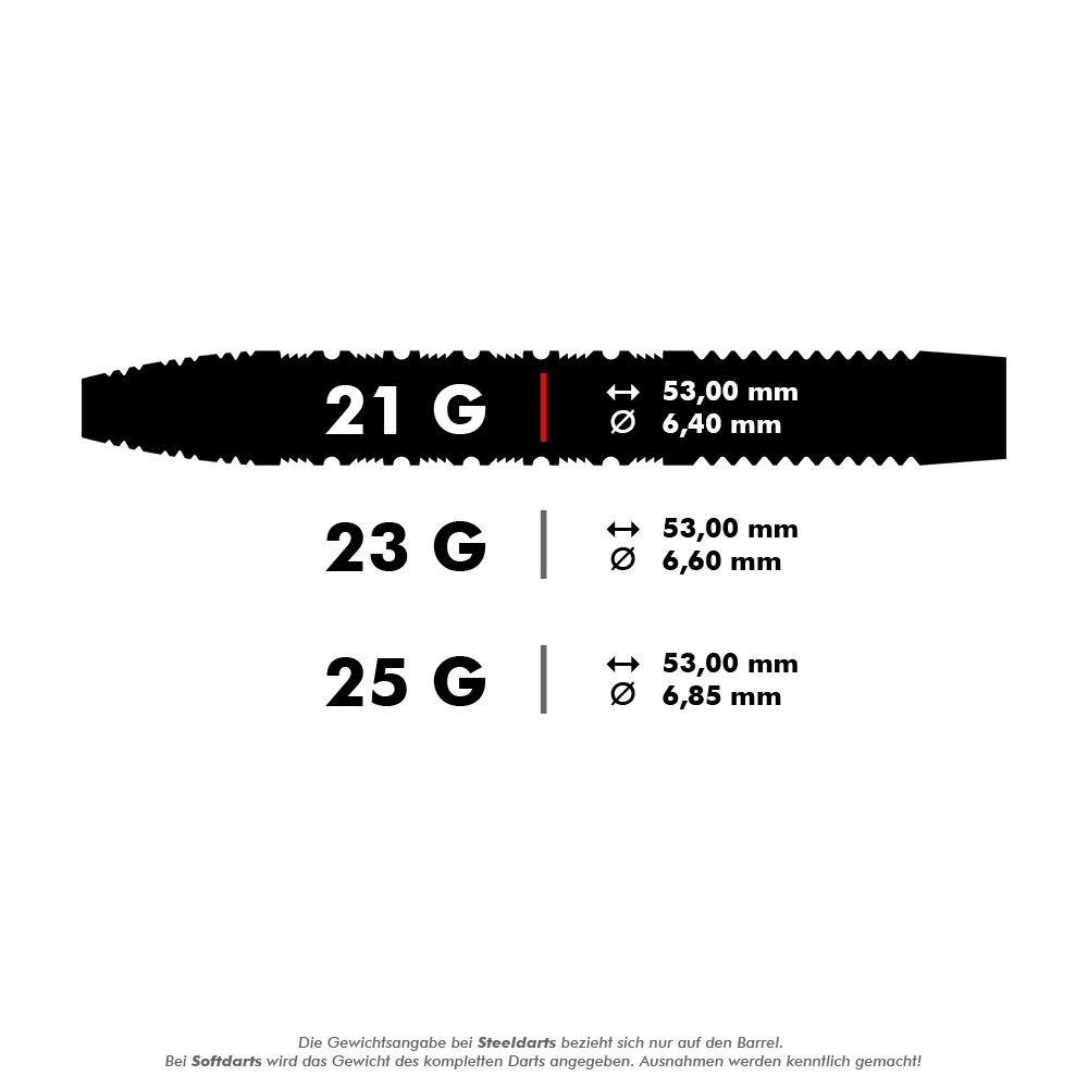 190051_Target_Bolide_01_Swiss_Point_Steeldarts_5_21g Das Bild zeigt die Produktinformationen für die "Target Bolide 01 Swiss Point Steeldarts". Die Darts wiegen 21 Gramm und haben eine Länge von 53,00 mm sowie einen Durchmesser von 6,40 mm.