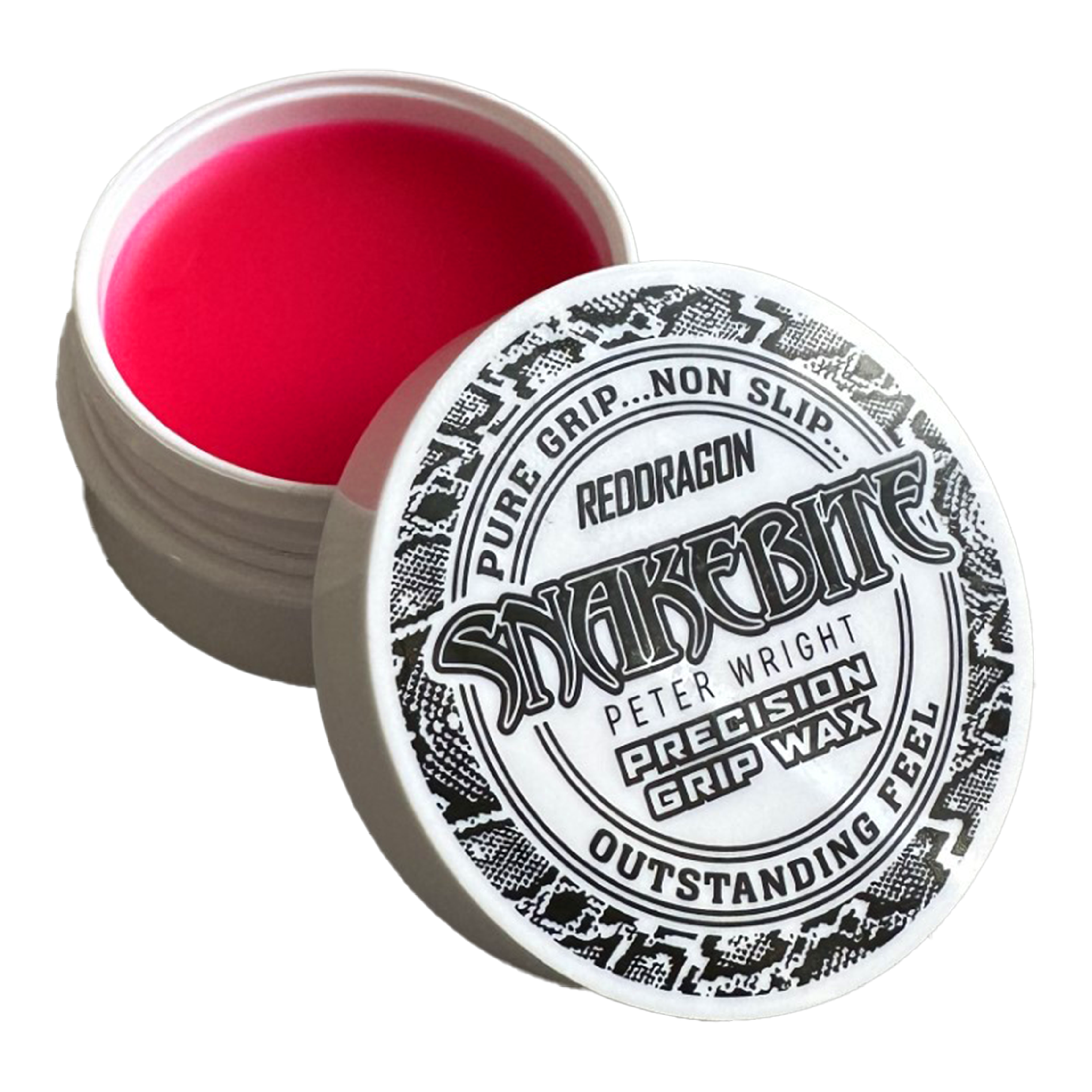 Das Bild zeigt eine geöffnete Dose mit rotem Fingerwachs der Marke "Red Dragon Peter Wright Snakebite Precision Grip Wax". Auf dem Deckel steht, dass das Produkt für einen sicheren, rutschfesten Griff sorgt.