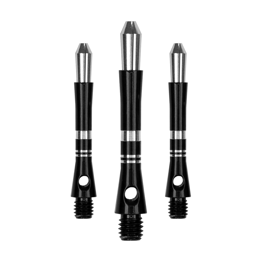 Das Bild zeigt drei schwarze Harrows Colette Shafts für Darts. Die Shafts sind aus Metall und haben silberne Akzente.