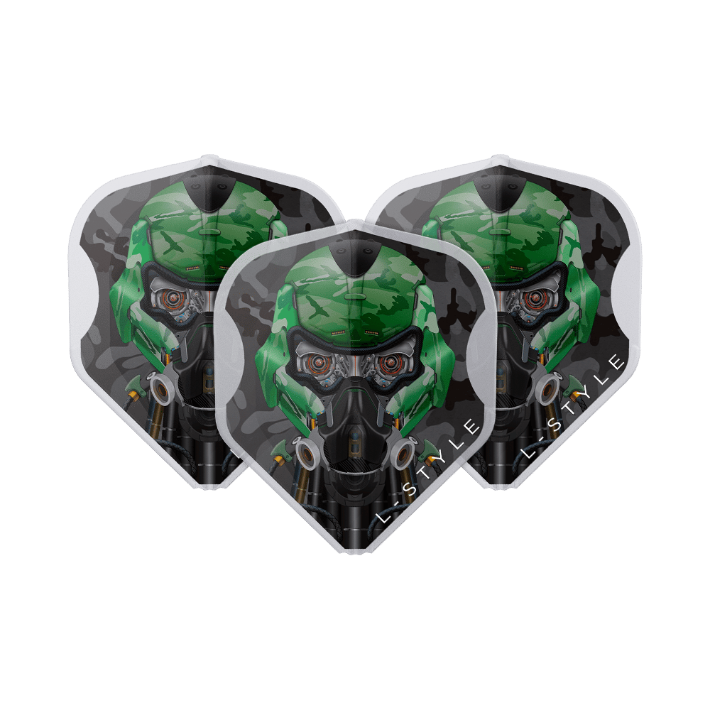 Das Bild zeigt drei Dartflights des Modells "L-Style Berry Van Peer V4 Type B Clear White L1EZ". Auf den Flights ist ein grüner Helm mit Maske und Technik-Elementen vor einem dunklen Hintergrund abgebildet.