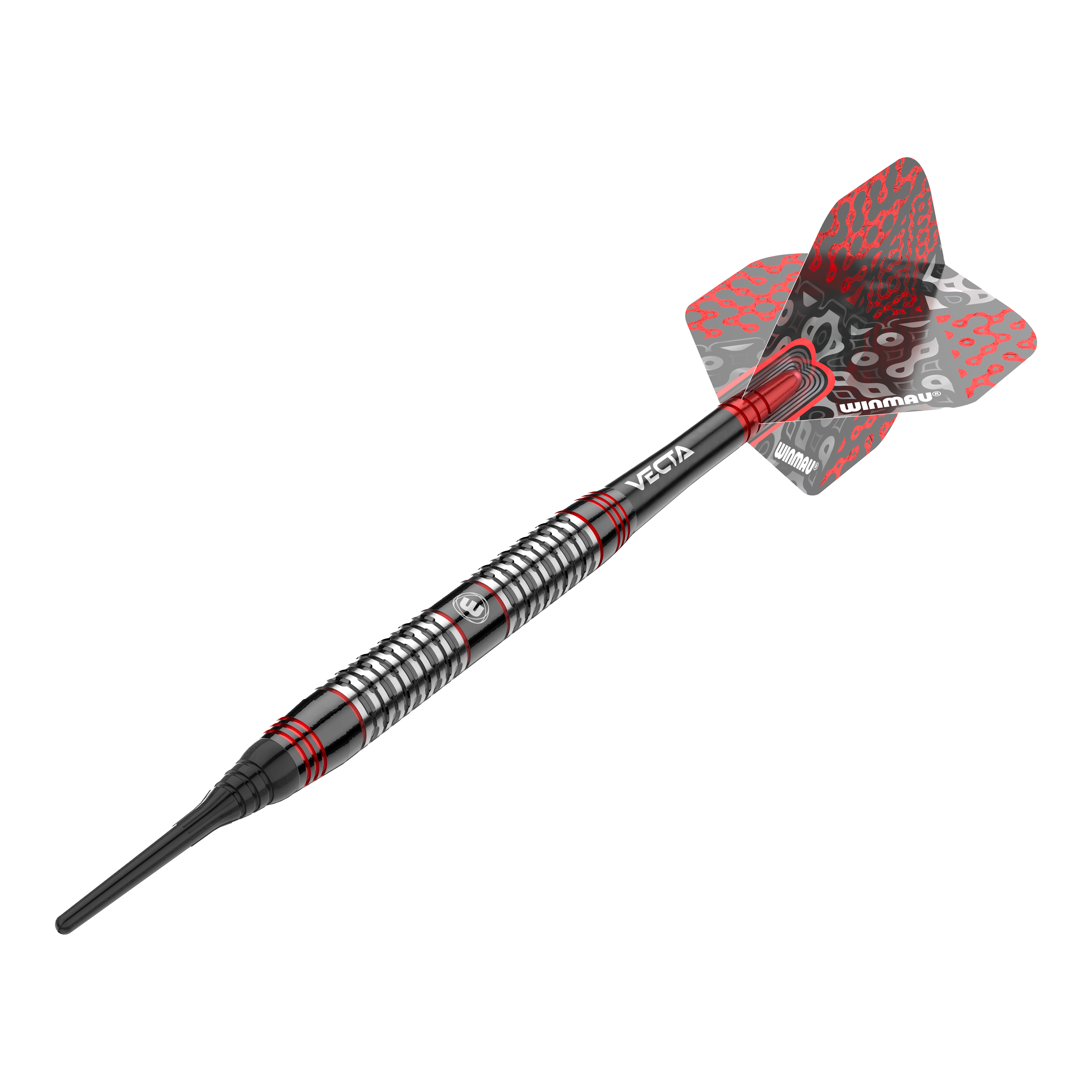 Winmau Cypher Softdarts - 20g Dies ist ein Winmau Cypher Softdart mit einem Gewicht von 20 Gramm. Der Dart hat ein modernes Design mit schwarzen, silbernen und roten Akzenten.