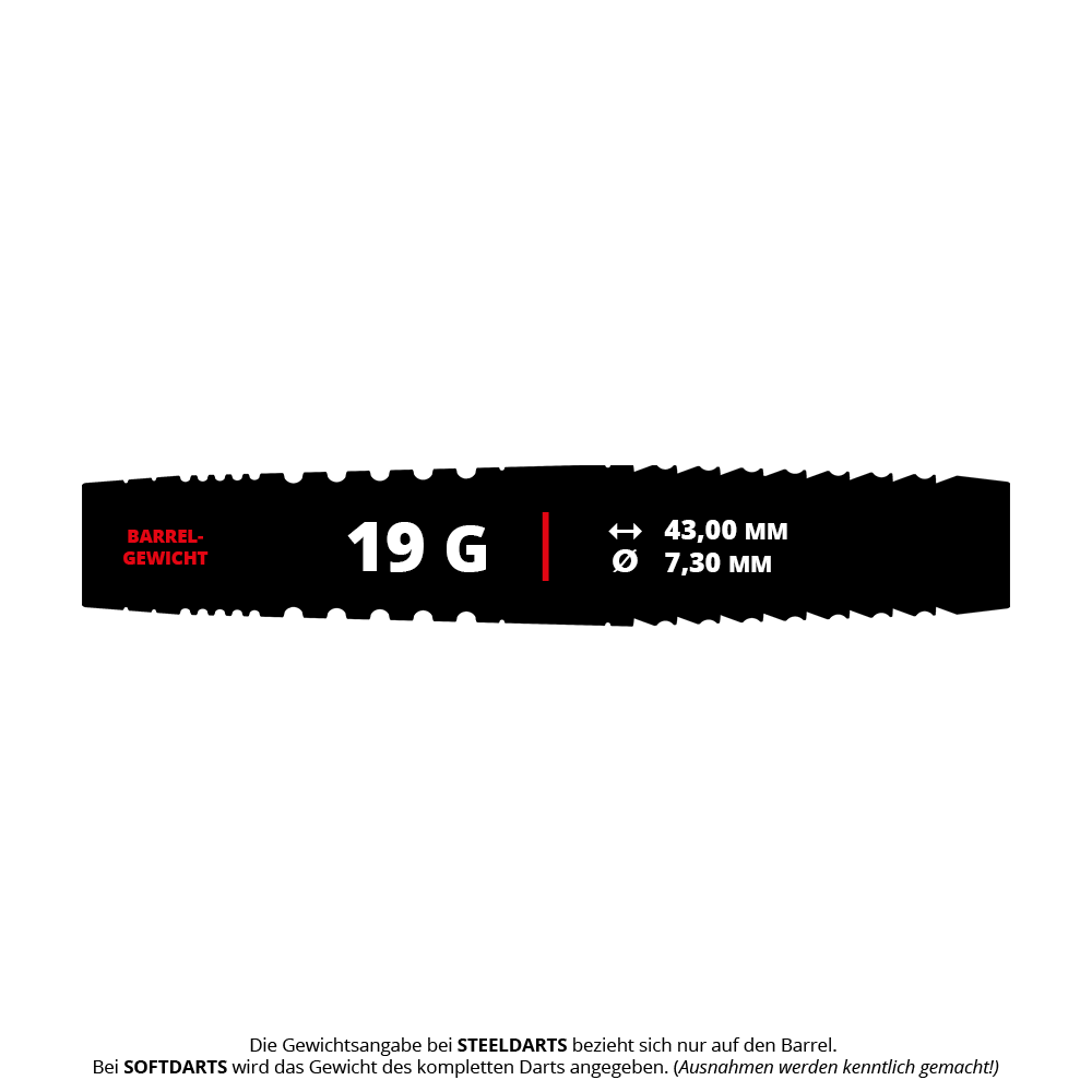 Target Japan Crux Courage Softdarts - 19g Das Bild zeigt die Produktinformationen des "Target Japan Crux Courage Softdarts - 19g". Der Dart hat ein Gewicht von 19 Gramm, eine Länge von 43,00 mm und einen Durchmesser von 7,30 mm.
