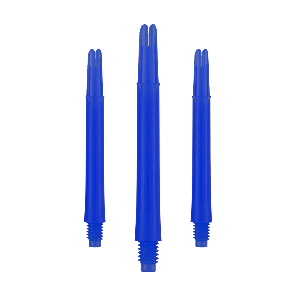Auf dem Bild sind drei blaue, gerade Dartschäfte zu sehen. Sie stehen nebeneinander und haben unten ein Schraubgewinde.