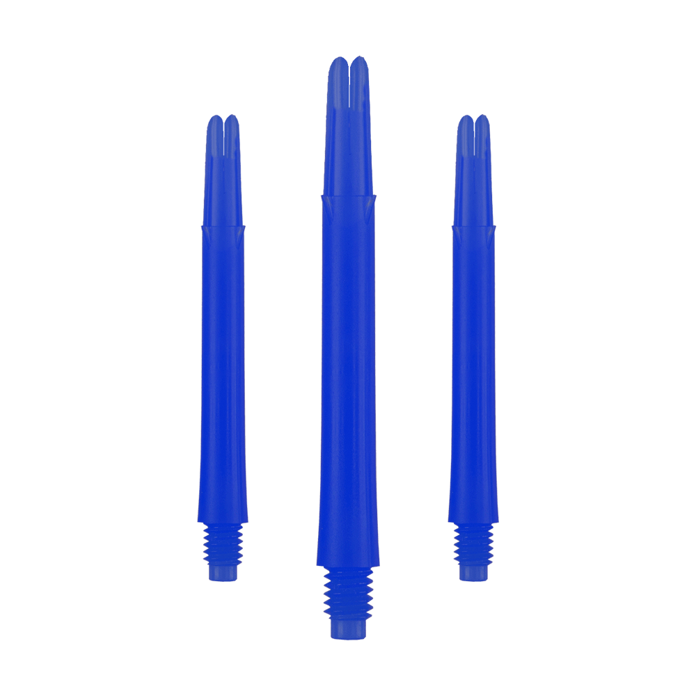 L-Style L-Shafts Locked Straight - Blue 330 Auf dem Bild sind drei blaue, gerade Dartschäfte zu sehen. Sie stehen nebeneinander und haben unten ein Schraubgewinde.