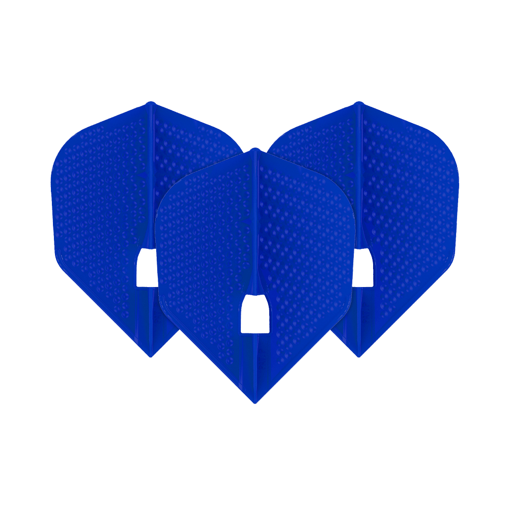 Das Bild zeigt drei blaue L-Style Flights im Dimple Champagne L3PRO Shape. Die Flights haben eine strukturierte Oberfläche mit kleinen Punkten.