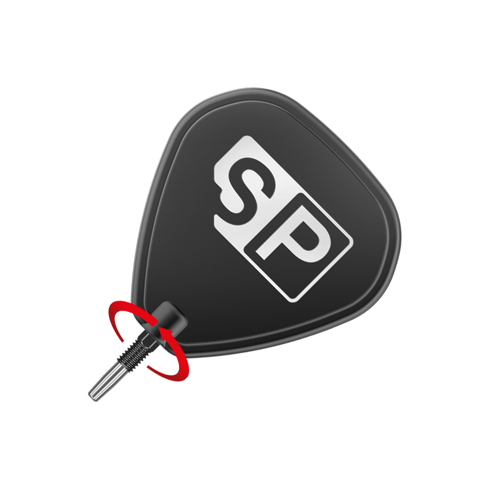 Target Swiss Diamond Pro Black Points Dartspitzen Das Bild zeigt eine schwarze Dartspitze mit dem weißen Aufdruck "SP". Ein roter Pfeil deutet auf eine Drehbewegung hin, vermutlich zum Anbringen oder Entfernen der Spitze.