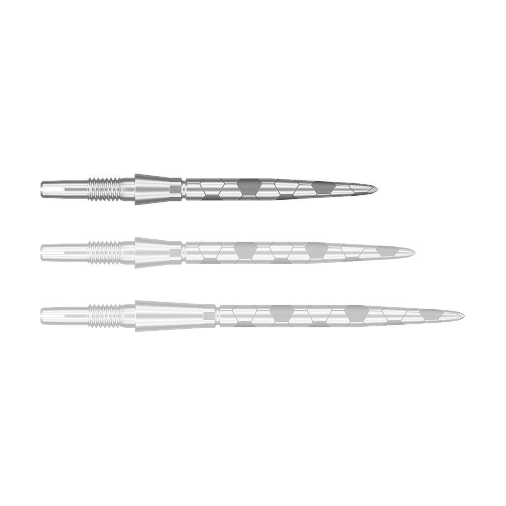 Target Swiss Storm Onyx Point Dartspitzen - Silber Das Bild zeigt drei silberne Dartspitzen mit einem sechseckigen Muster. Sie sind parallel nebeneinander angeordnet und haben eine glatte, metallische Oberfläche.