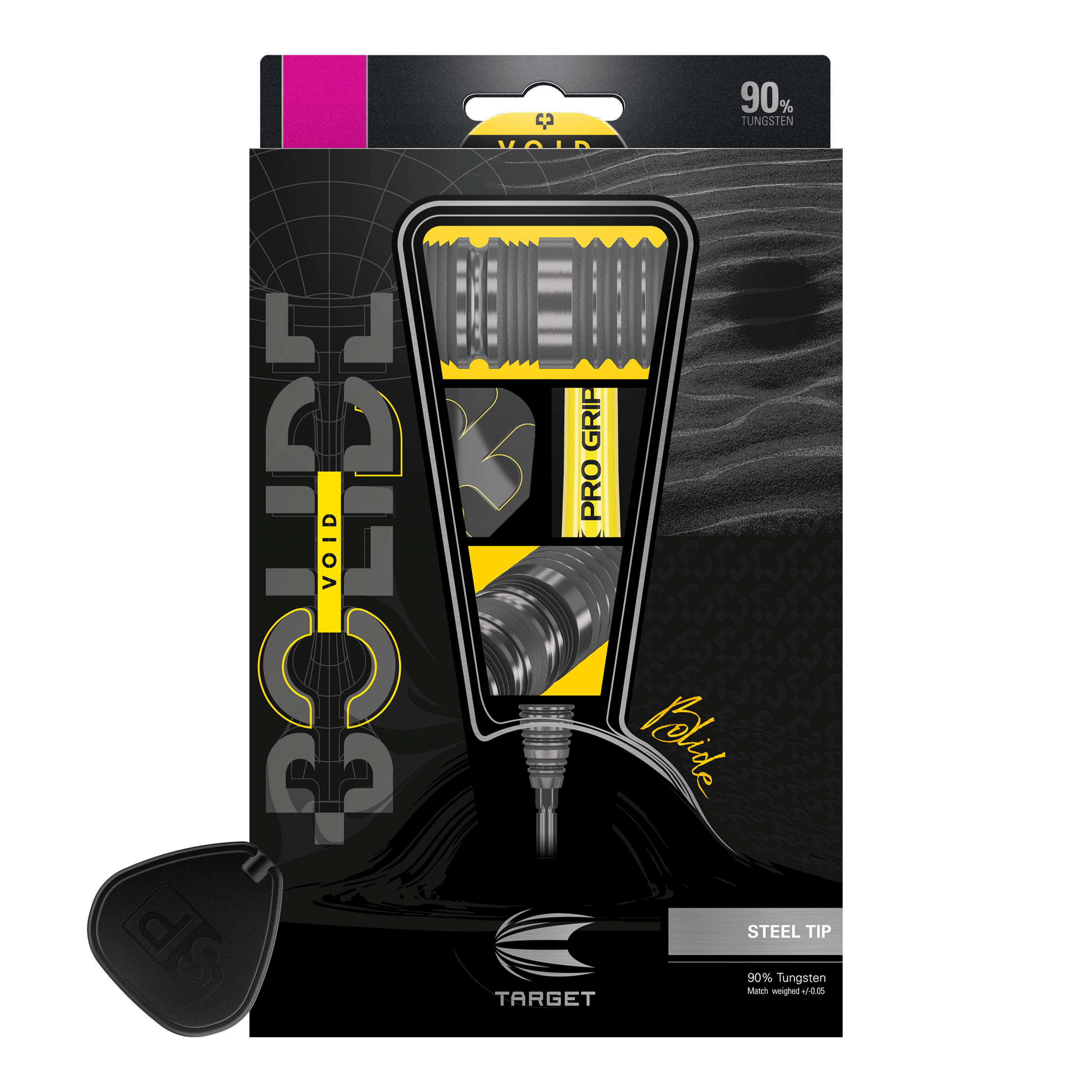 Target Bolide Void 02 Swiss Point Steeldarts Das Bild zeigt die Verpackung der "Target Bolide Void 02 Swiss Point Steeldarts". Die Darts bestehen zu 90% aus Tungsten und haben eine Stahlspitze.