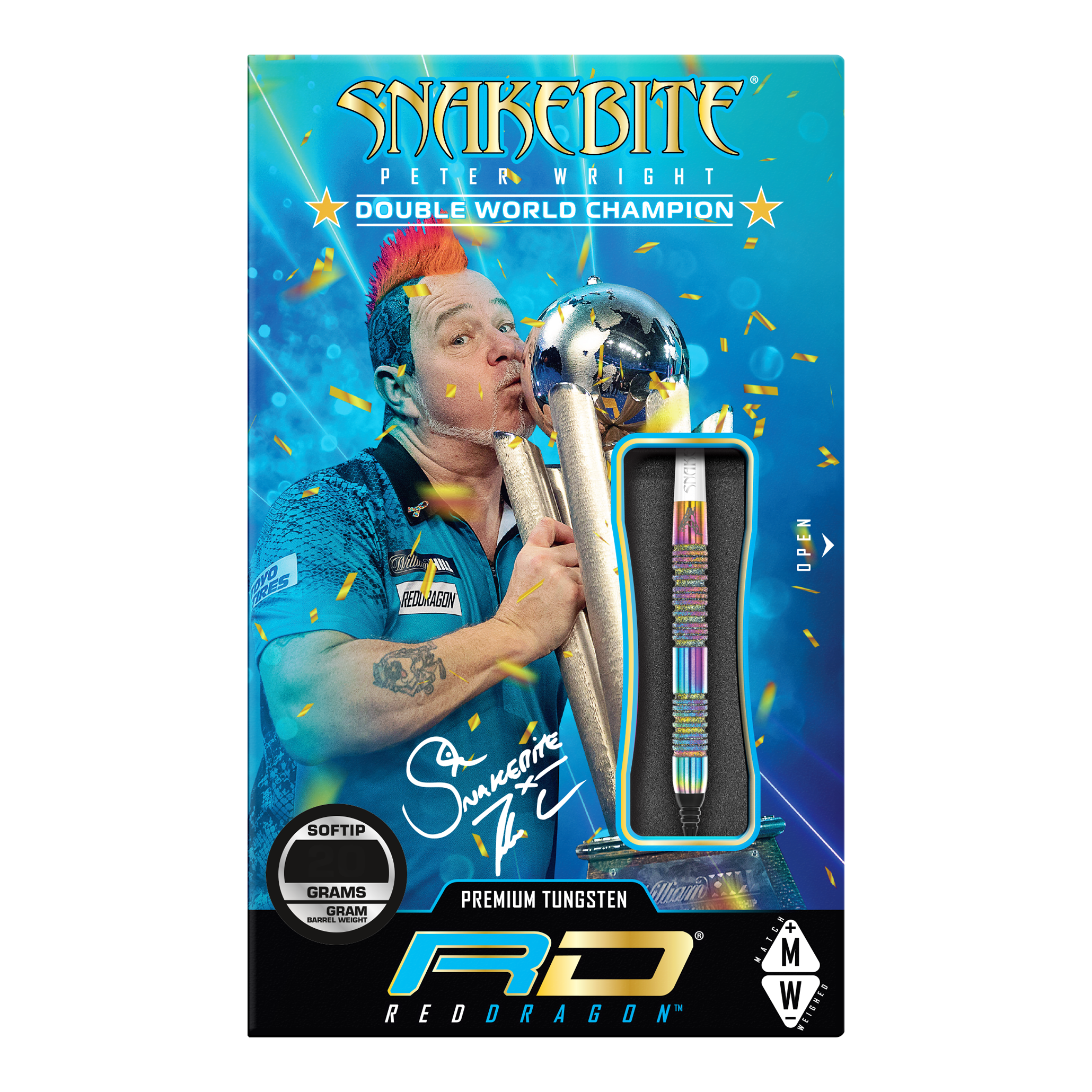Auf dem Bild ist die Verpackung der "Red Dragon Peter Wright Diamond Fusion Spectron SE Softdarts - 20g" zu sehen. Die Verpackung zeigt ein farbenfrohes Design mit einem Porträt von Peter Wright und einem Blick auf den Dartpfeil.