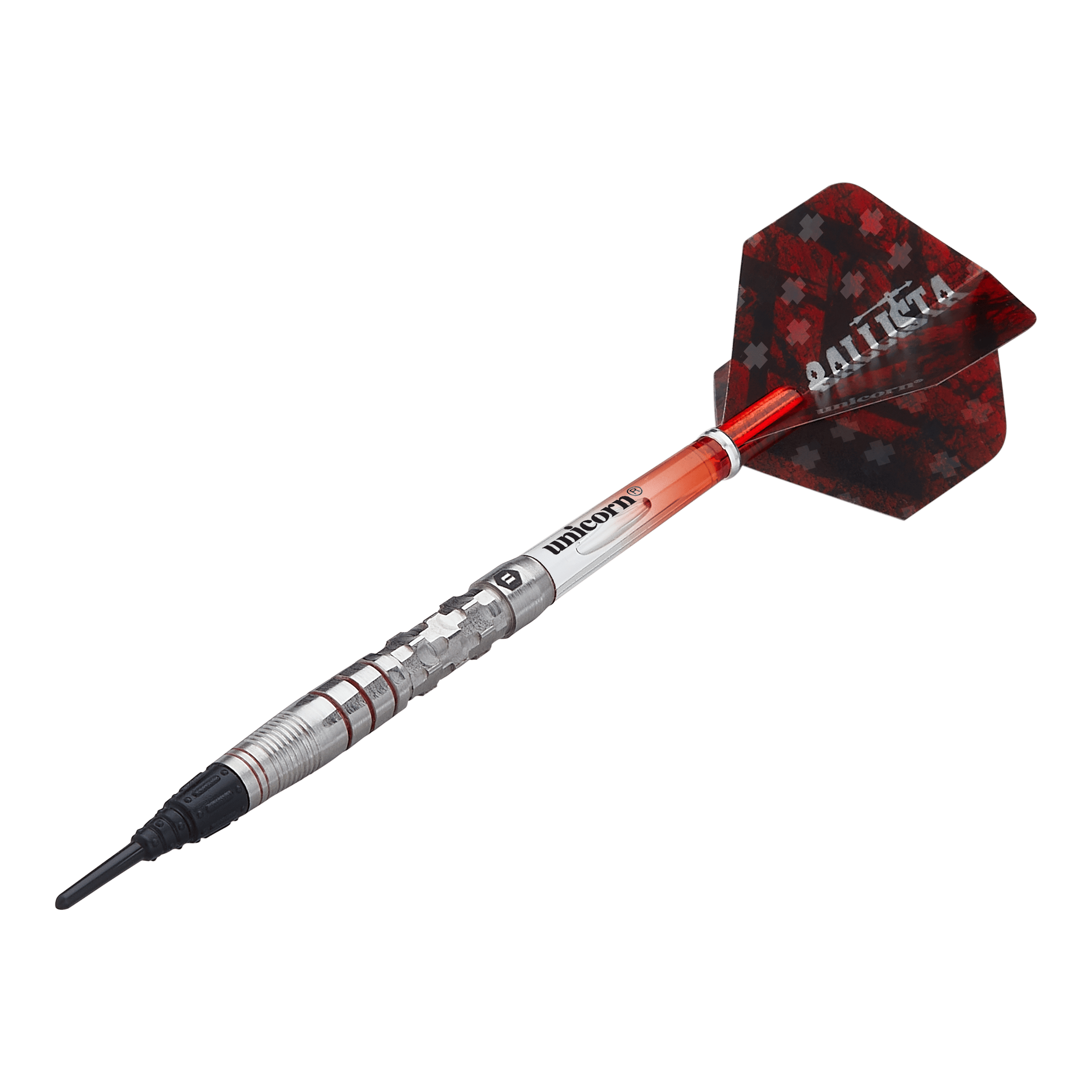 Unicorn Ballista Style 3 Softdarts Das Bild zeigt einen Softdart der Marke Unicorn Ballista Style 3. Der Dart hat einen silbernen Schaft und rote Flügel mit einem Muster und der Aufschrift "BALLISTA".