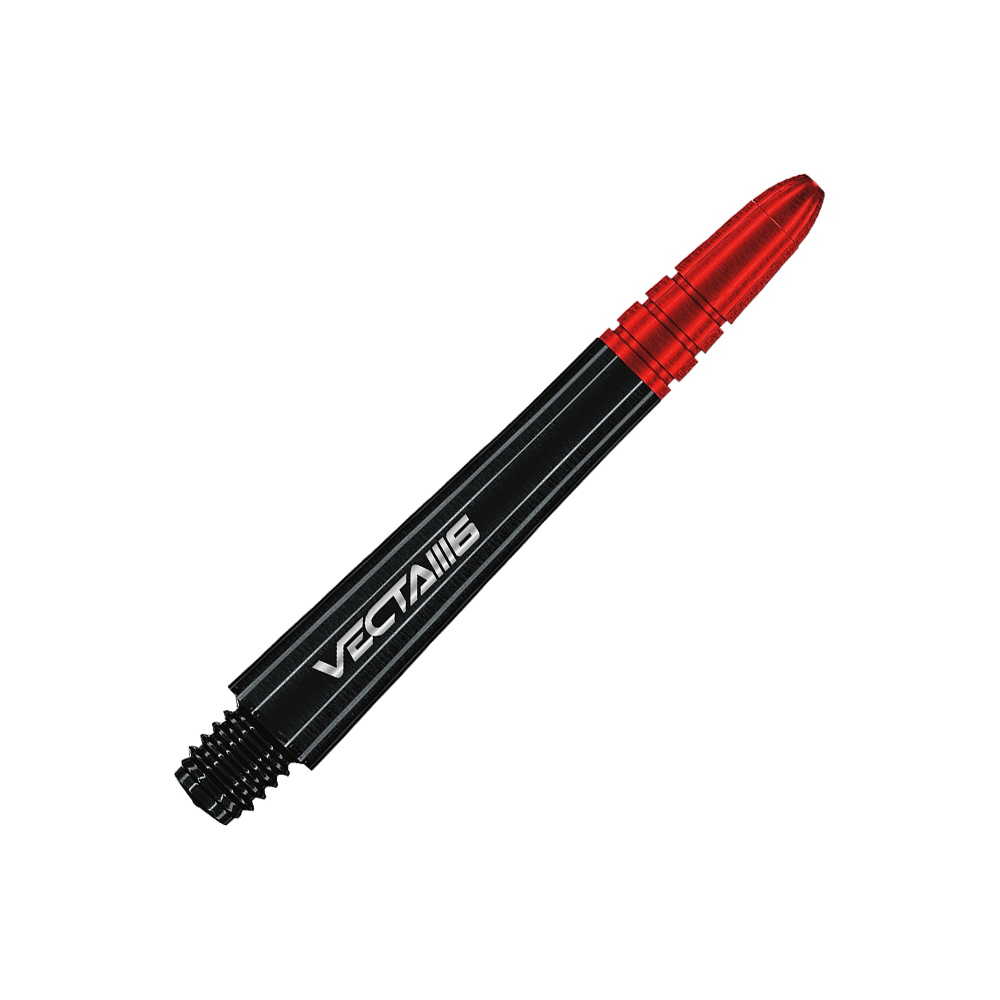 Auf dem Bild ist ein Winmau Vecta Shaft - Blade 6 zu sehen. Der Schaft ist schwarz mit roten Akzenten und dem Schriftzug "Vecta IIII6".