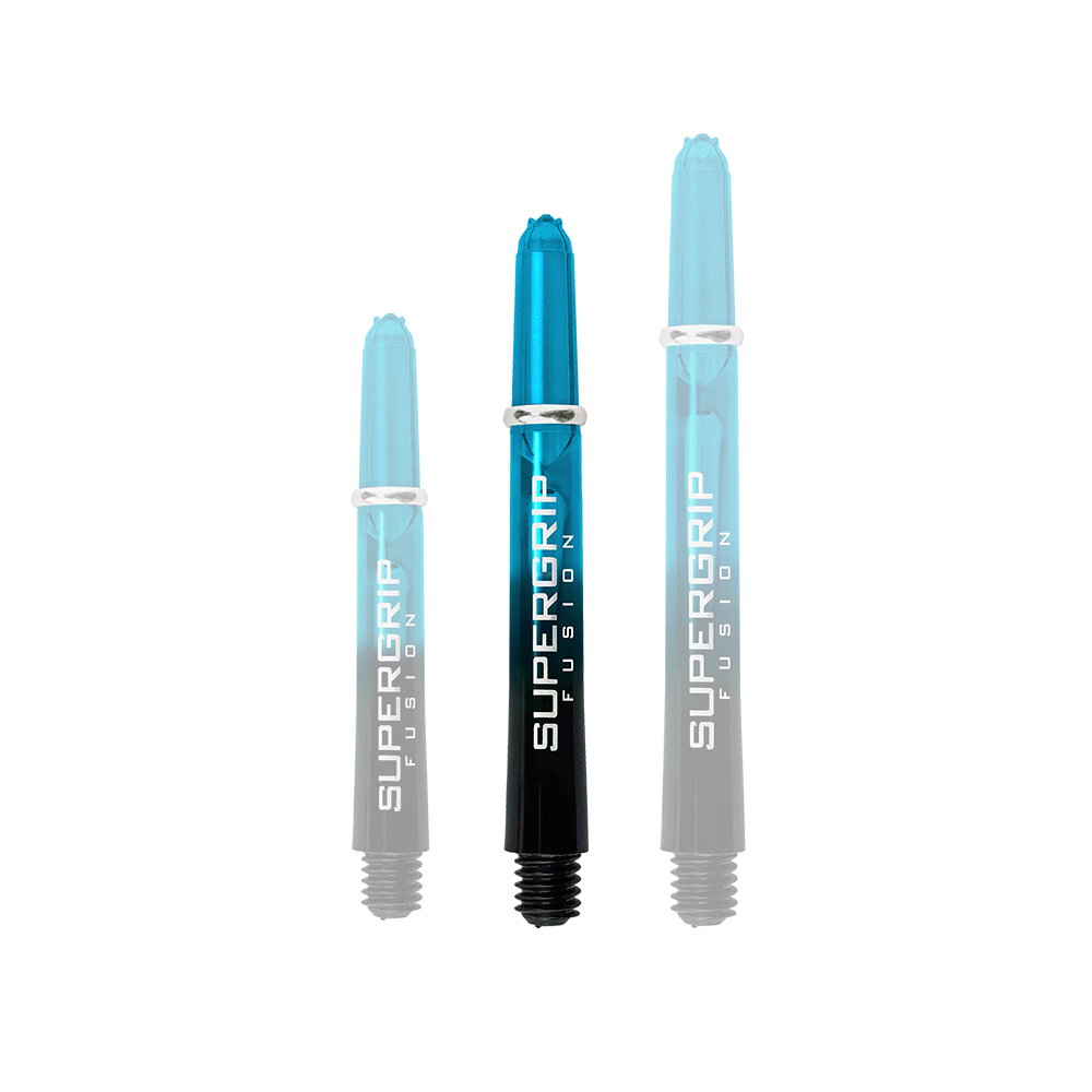 Das Bild zeigt drei Harrows Supergrip Fusion Shafts in der Farbe Aqua. Die Shafts sind halb transparent blau und schwarz und haben den Aufdruck "SUPERGRIP FUSION".