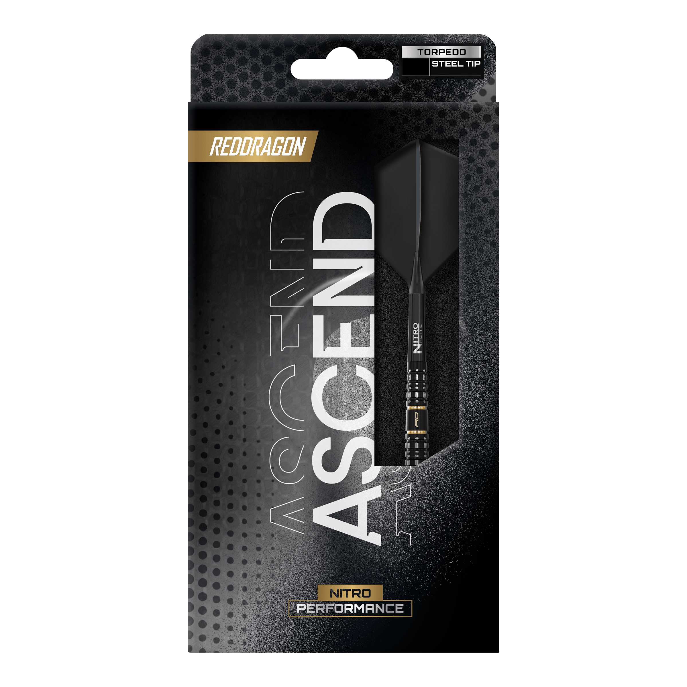 Red Dragon Ascend Torpedo Steeldarts Dargestellt sind die Red Dragon Ascend Torpedo Steeldarts. Das Bild fokussiert auf die Form und Struktur der Darts.