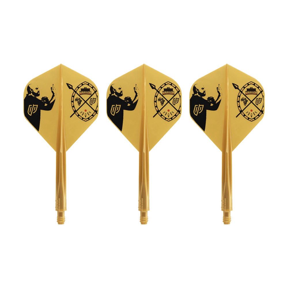 Auf dem Bild sind drei gelbe Dart-Flights mit schwarzem Motiv zu sehen. Sie tragen das Design des Condor AXE Devon Petersen Inspiration Flight-Systems in Standardform.