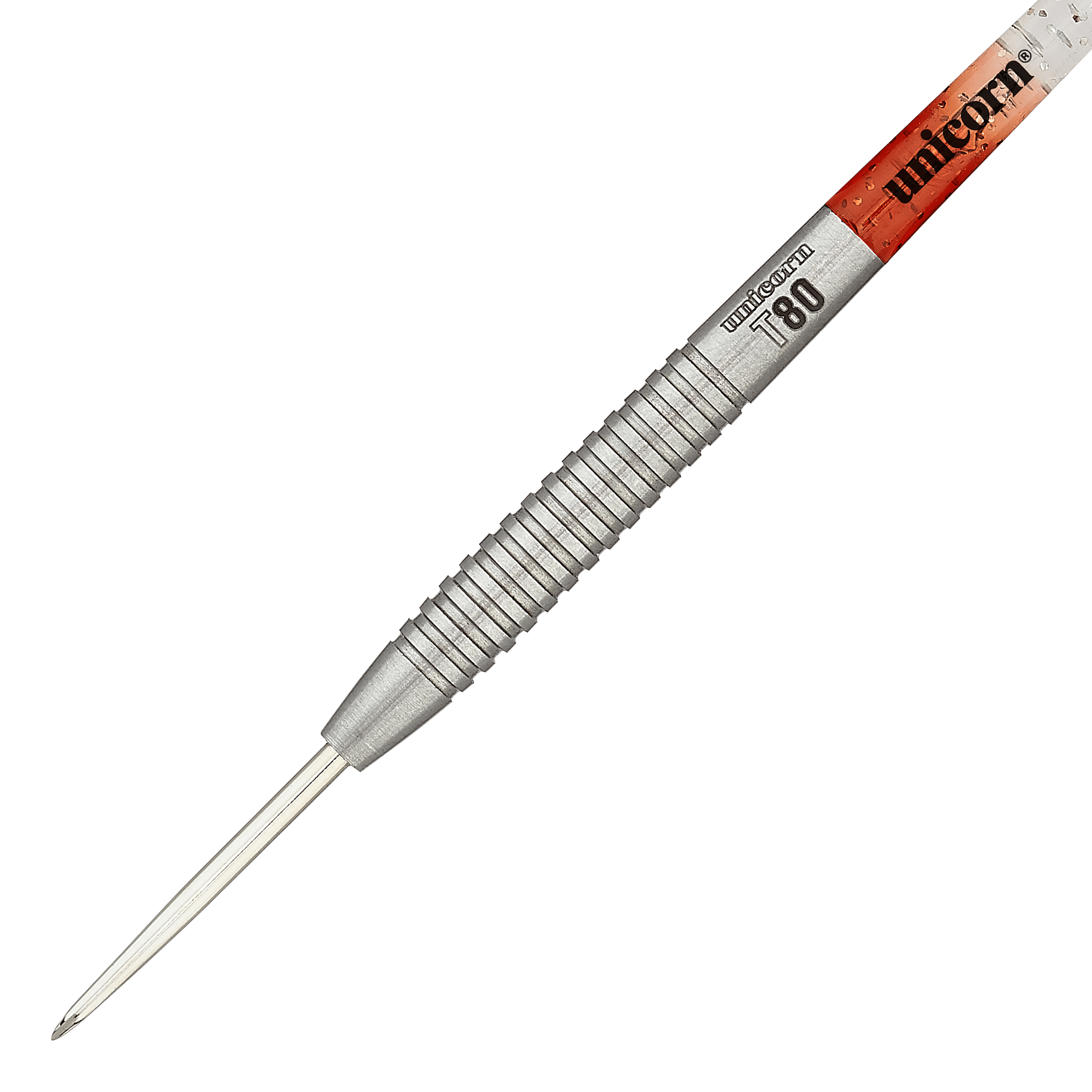 Das Bild zeigt einen Unicorn Core XL Striker Style 2 Steeldart mit 23g Gewicht. Der Dart hat eine silberne Griffzone mit Rillen und einer Spitze aus Metall.