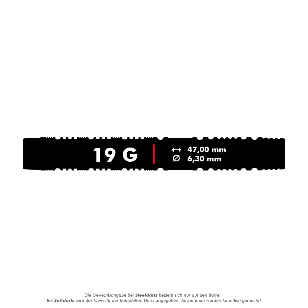Target Luke Littler Loadout Softdarts - 19g Das Bild zeigt die Produktinformationen für "Target Luke Littler Loadout Softdarts - 19g". Die Darts wiegen 19 Gramm, sind 47,00 mm lang und haben einen Durchmesser von 6,30 mm.