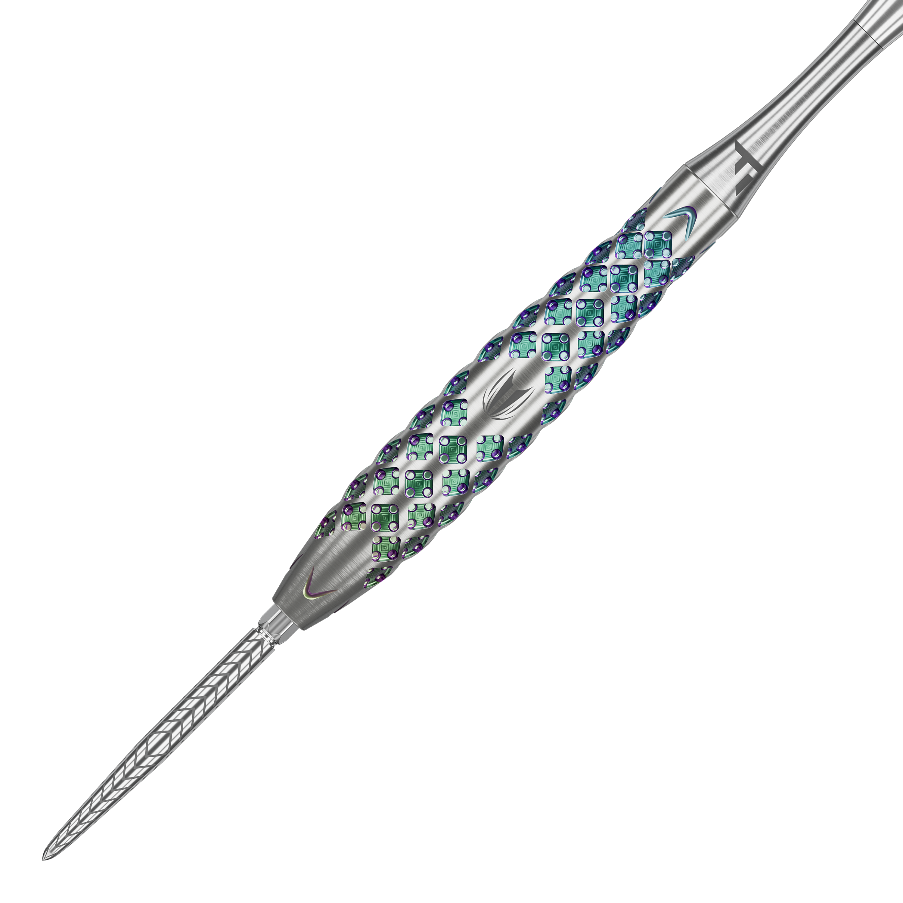 Target Rove 02 Swiss Point Steeldarts Das Bild zeigt einen Target Rove 02 Swiss Point Steeldart. Der Dartpfeil hat ein silbernes Gehäuse mit auffälligem, farbigem Muster und präziser Gravur.
