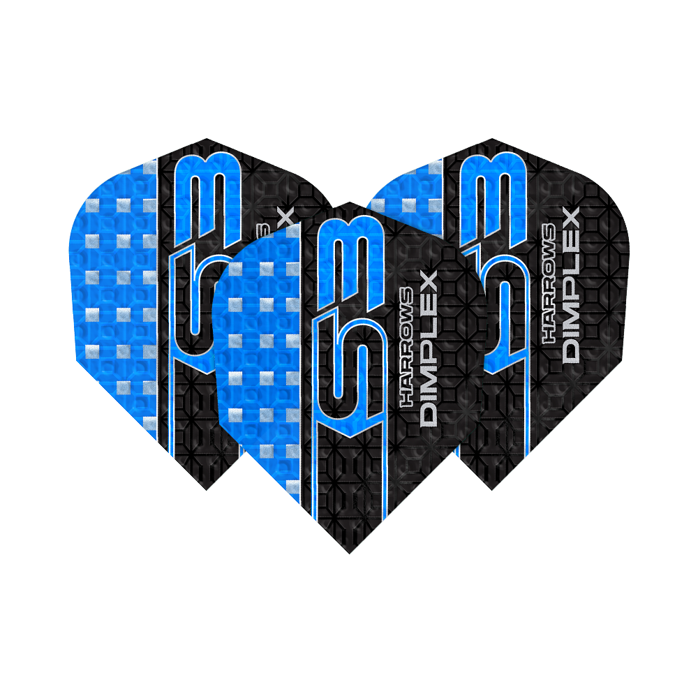 Harrows Dimplex S3 Flights - Blau Das Bild zeigt drei blaue Harrows Dimplex S3 Flights für Darts. Die Flights haben ein auffälliges Design mit blauen und schwarzen Mustern sowie der Aufschrift "S3" und "Dimplex".