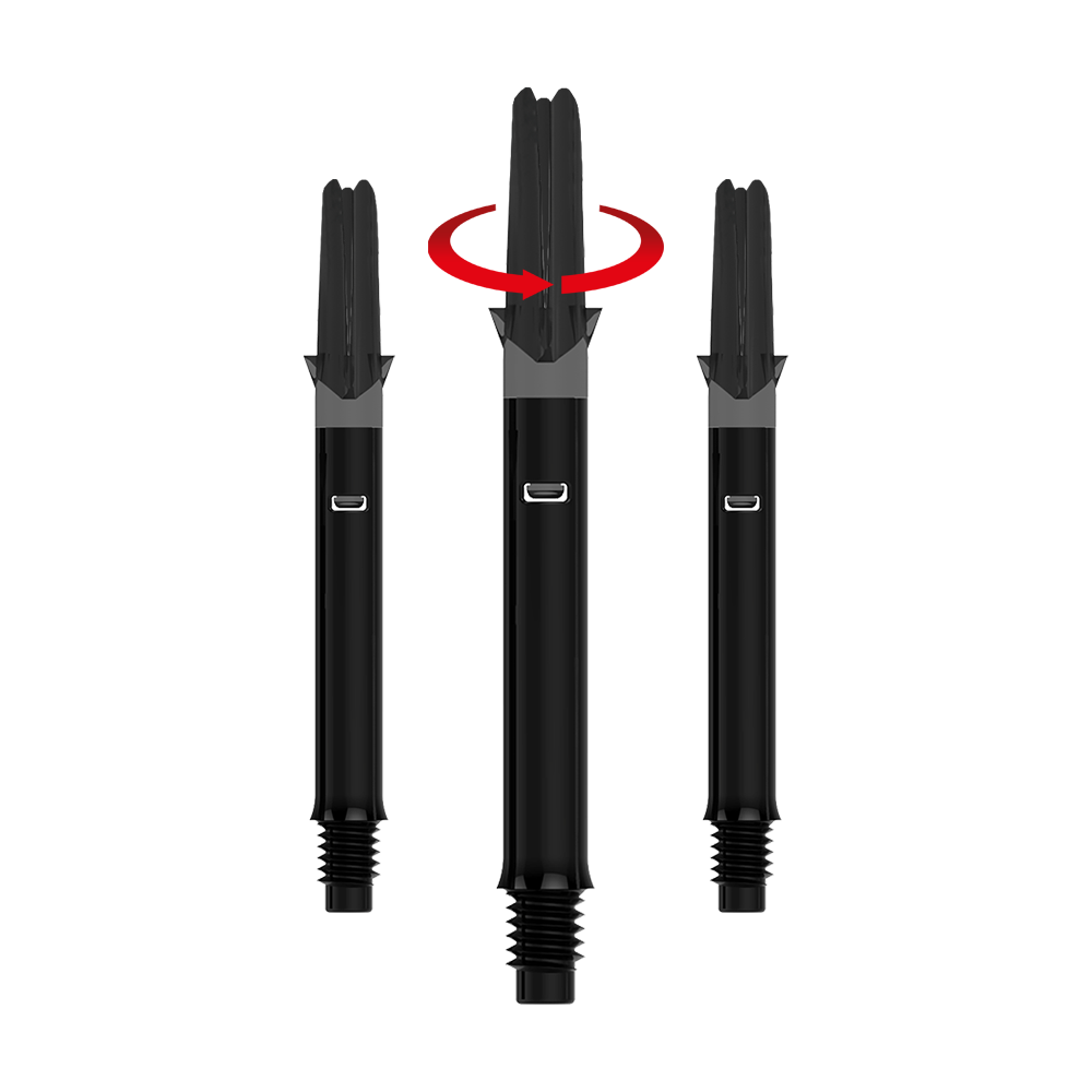 L-Style L-Shafts Silent Straight - Schwarz 330 Das Bild zeigt drei schwarze Dartschäfte ohne Kappen. Über dem mittleren Schaft ist ein roter Pfeil, der eine Drehbewegung anzeigt.