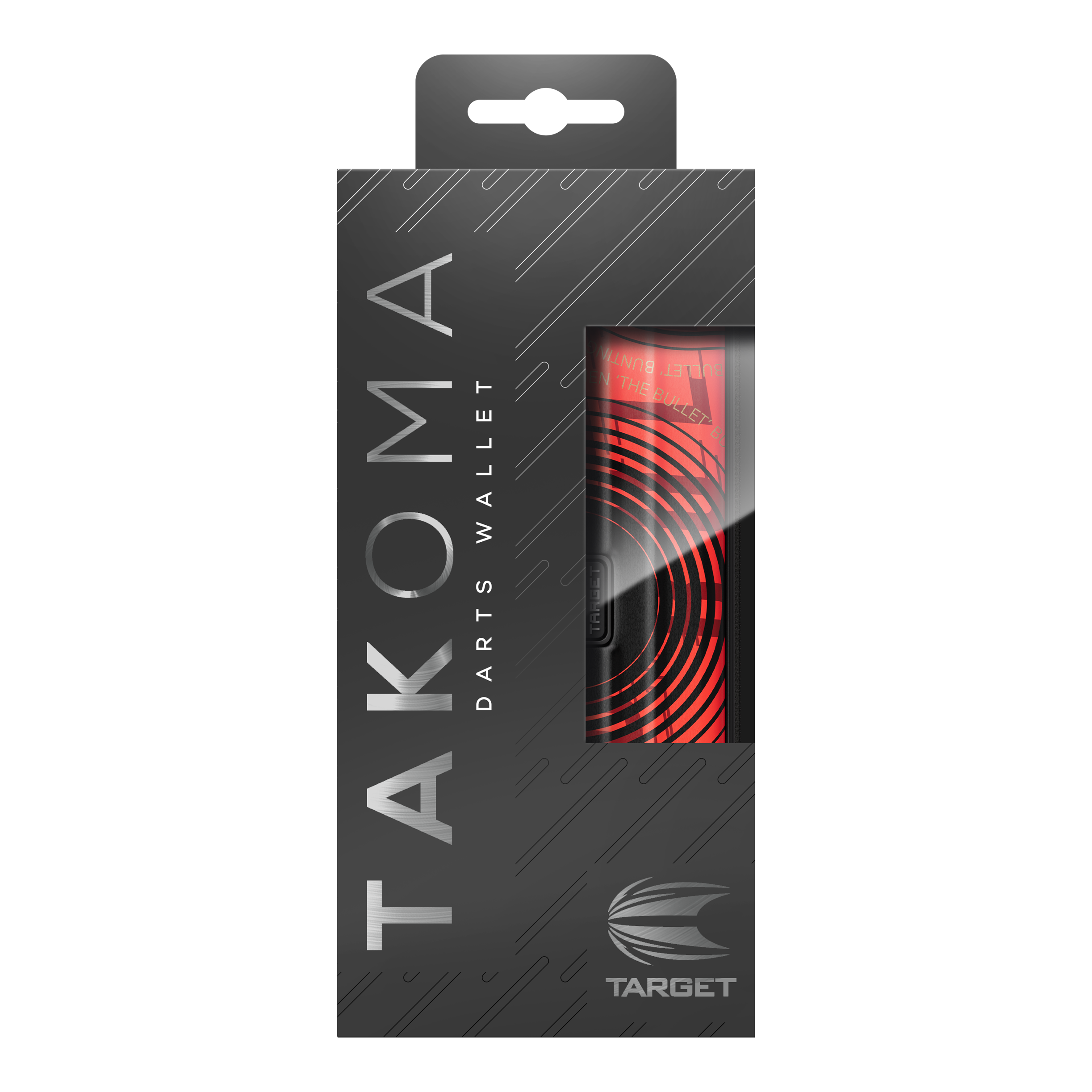 Target Takoma Stephen Bunting Dartcase Die Abbildung zeigt die Verpackung des Produktes „Target Takoma Stephen Bunting Dartcase“. Das Etui ist rot-schwarz gestaltet und befindet sich in einer eleganten, schwarzen Box mit Sichtfenster.